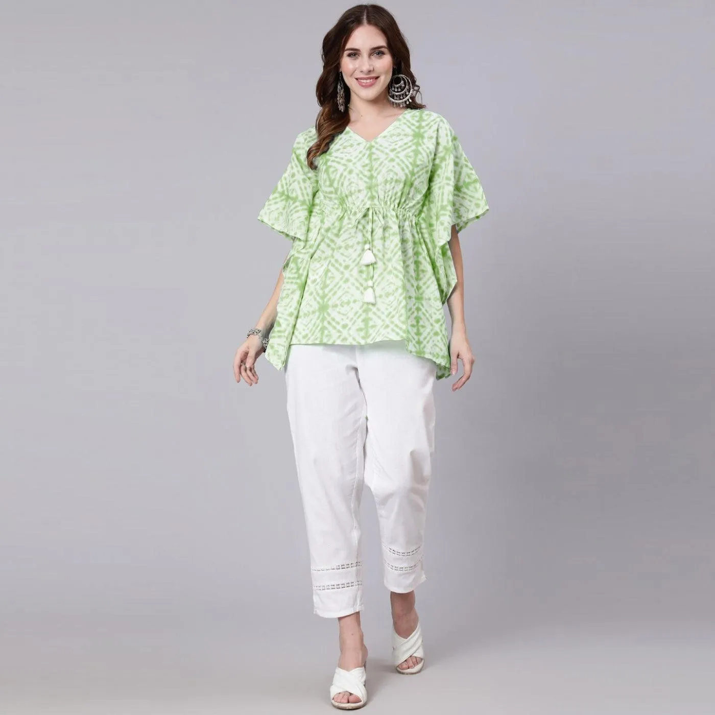 Light Green Tie And Dye Print Cotton Kaftan Dress (SHKUP1208)