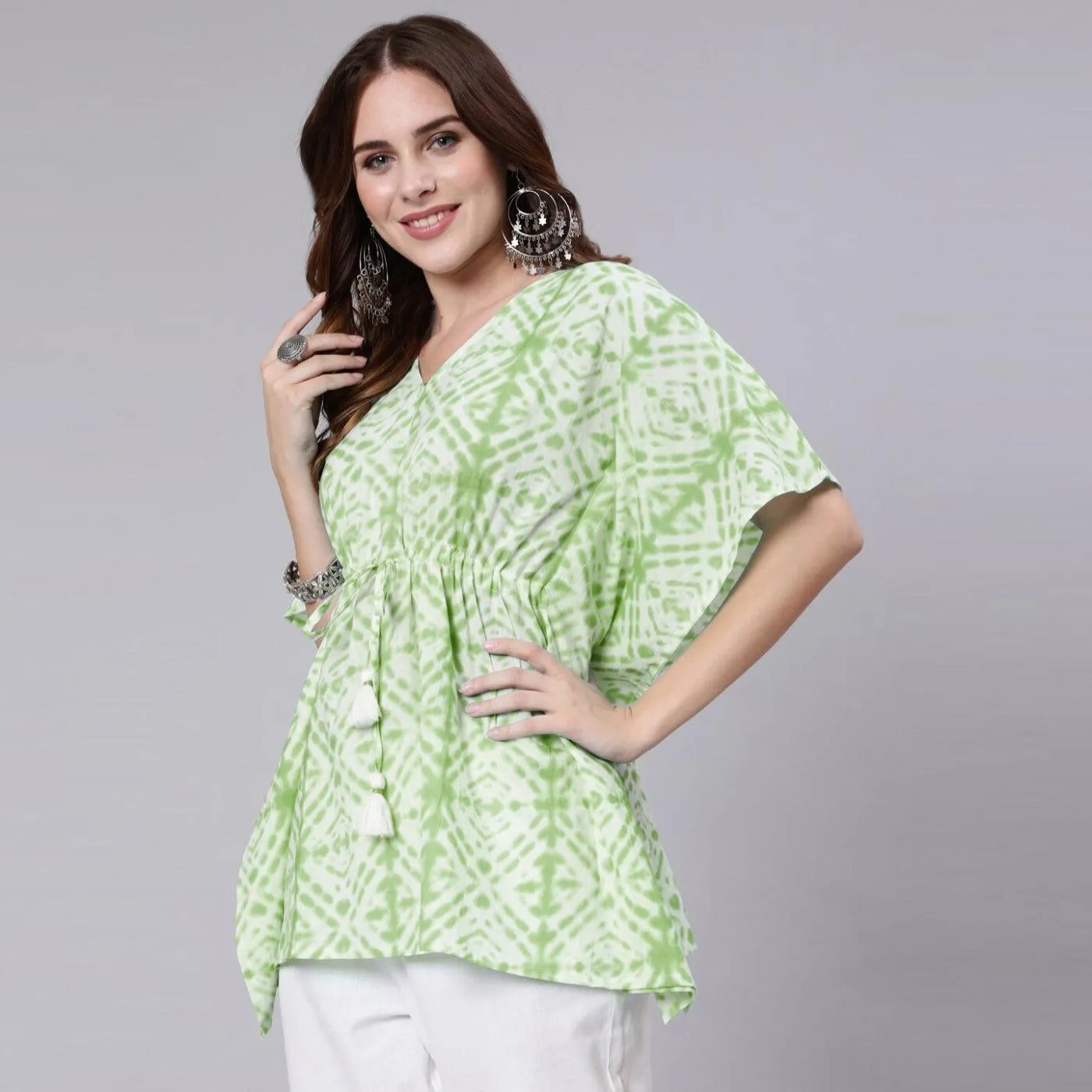 Light Green Tie And Dye Print Cotton Kaftan Dress (SHKUP1208)