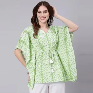 Light Green Tie And Dye Print Cotton Kaftan Dress (SHKUP1208)