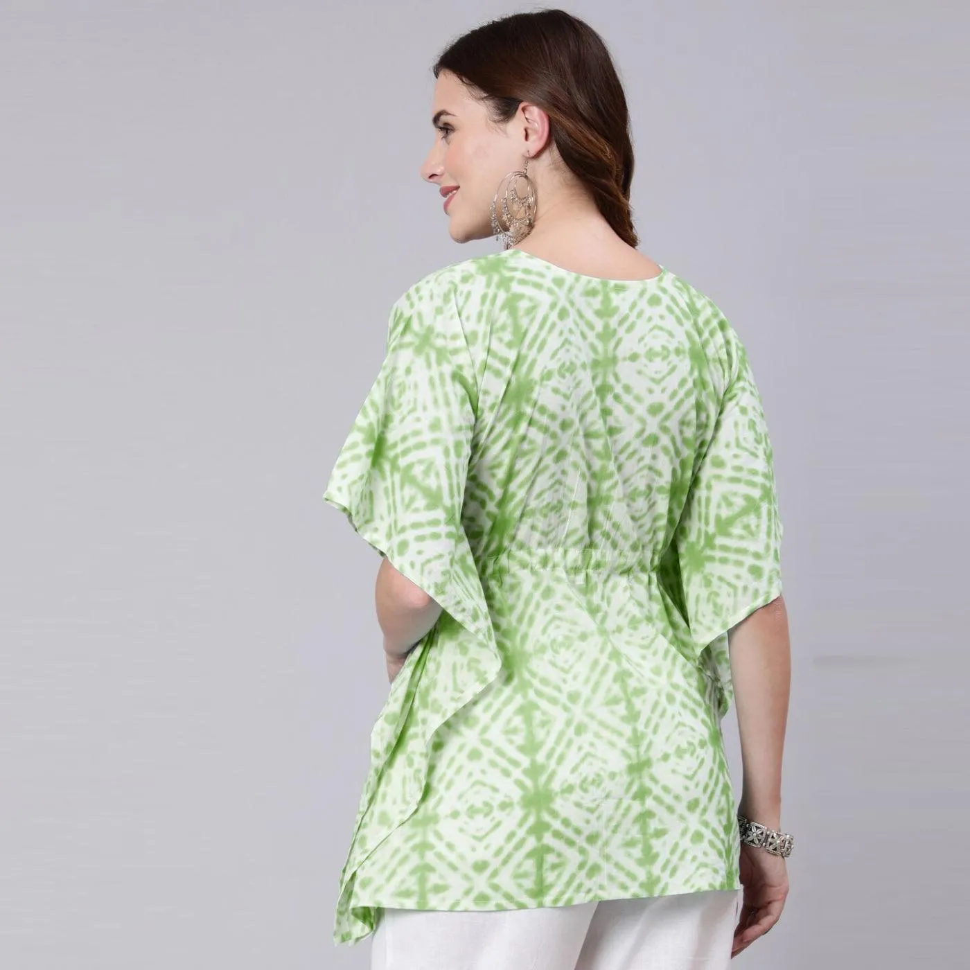 Light Green Tie And Dye Print Cotton Kaftan Dress (SHKUP1208)