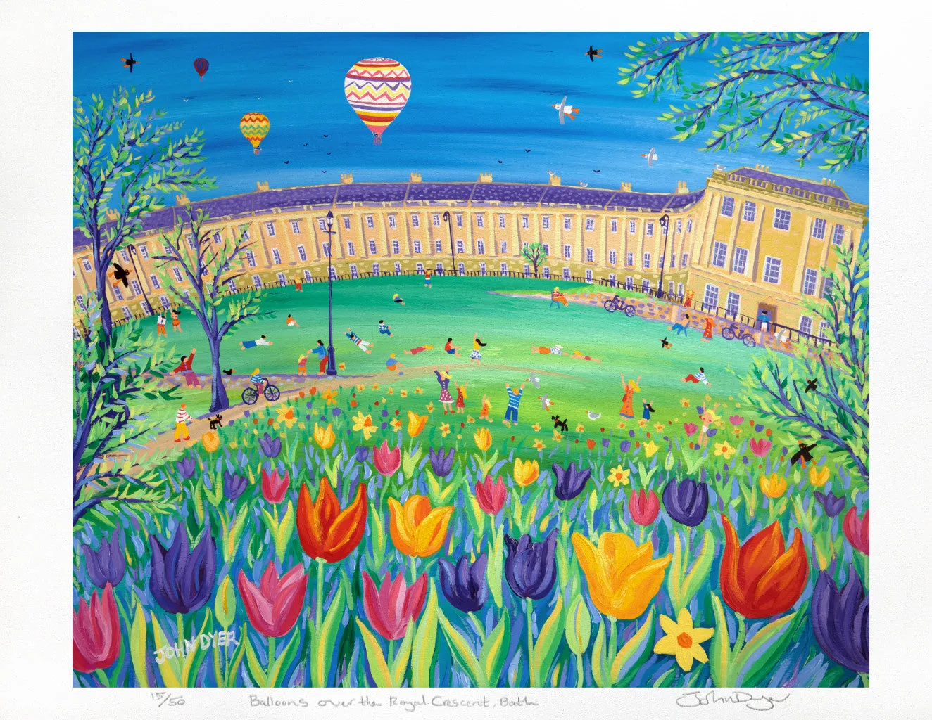 Limited Edition Garden Print by John Dyer. 'Balloons over the Royal Crescent, Bath'. Somerset Art Print