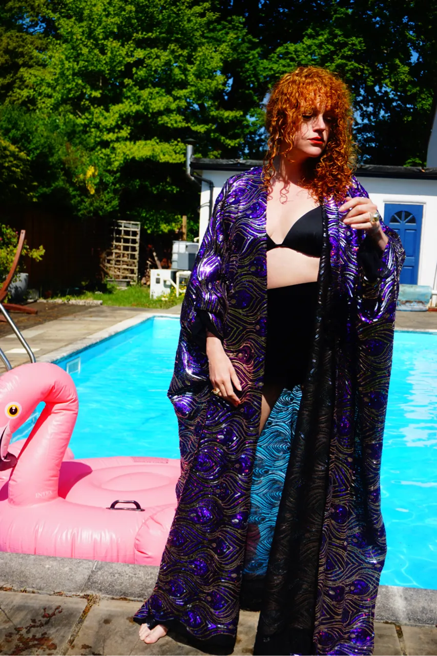 Luxury Purple Sparkle Holographic Sequin Kaftan Gown / Kimono Robe
