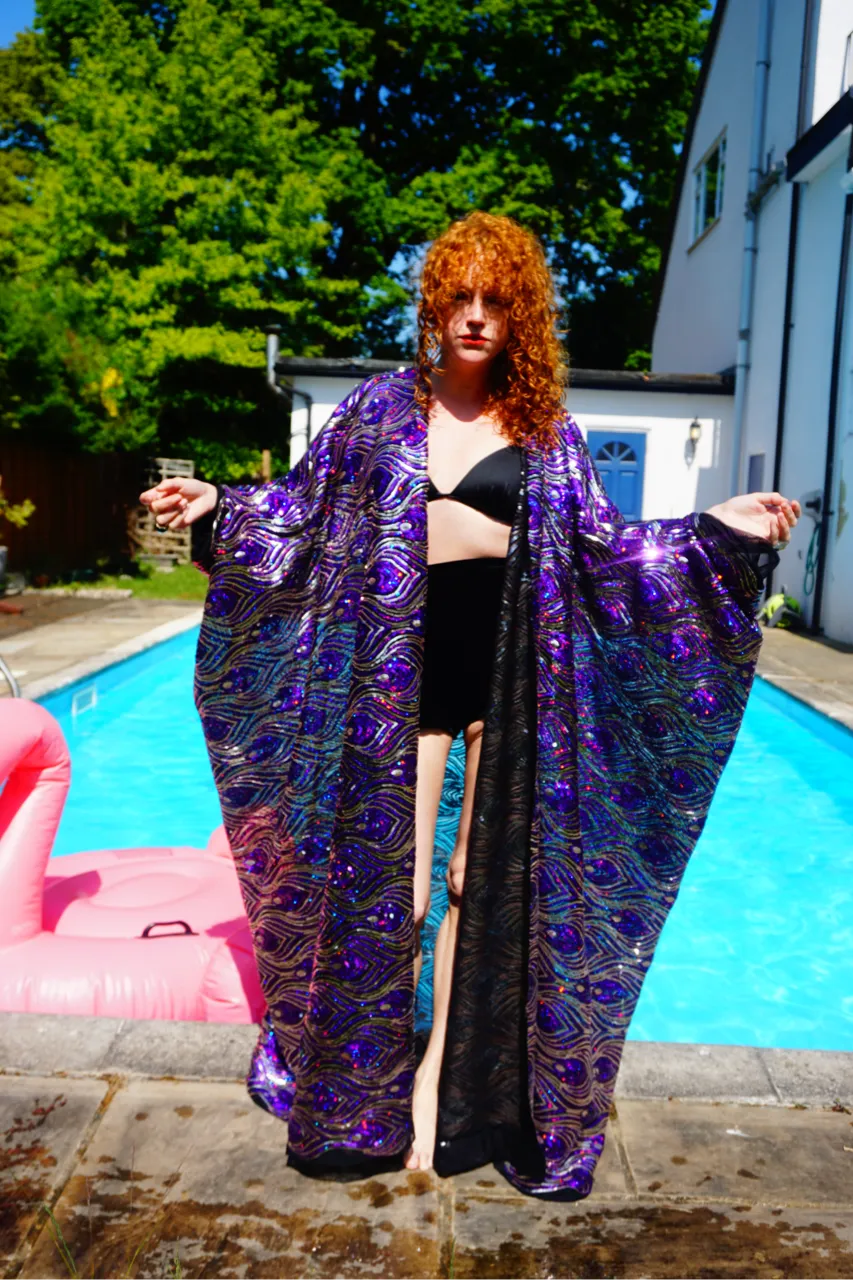 Luxury Purple Sparkle Holographic Sequin Kaftan Gown / Kimono Robe