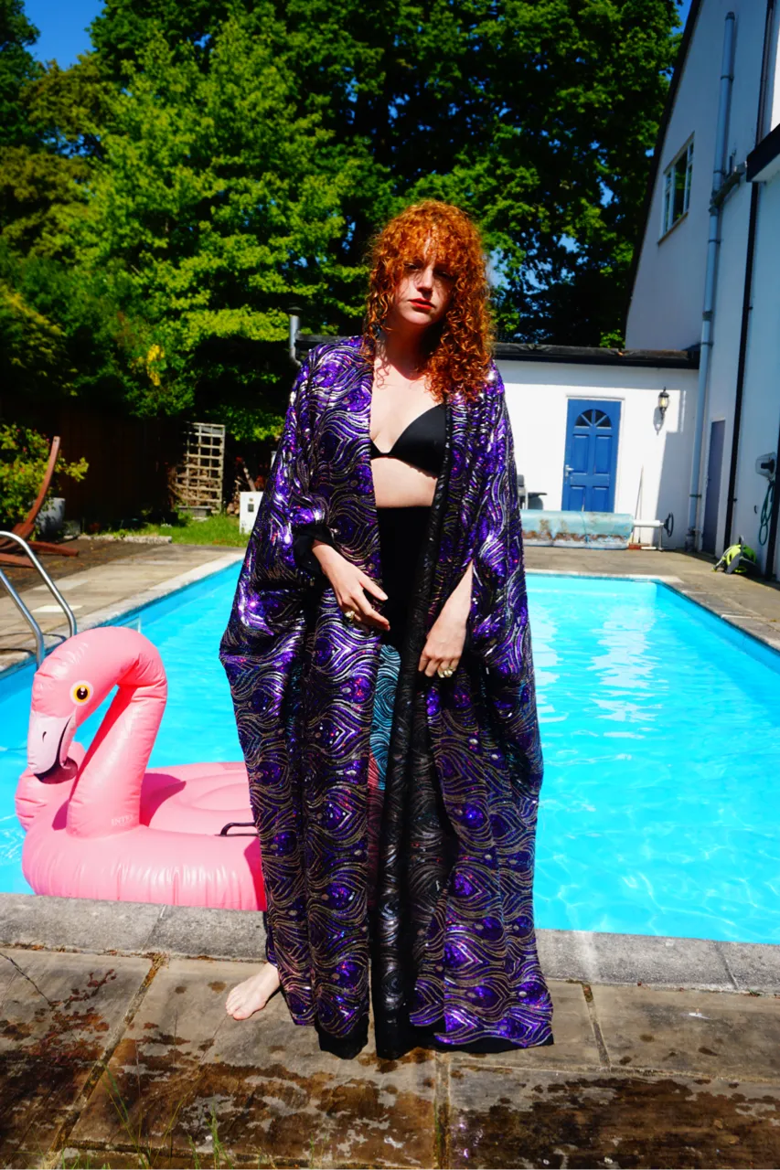 Luxury Purple Sparkle Holographic Sequin Kaftan Gown / Kimono Robe