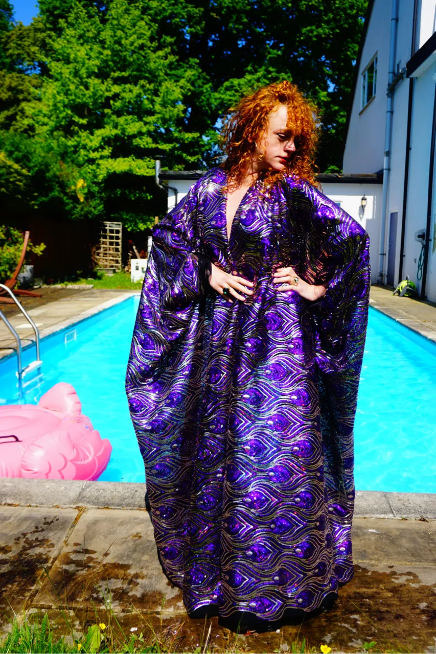 Luxury Purple Sparkle Holographic Sequin Kaftan Gown / Kimono Robe