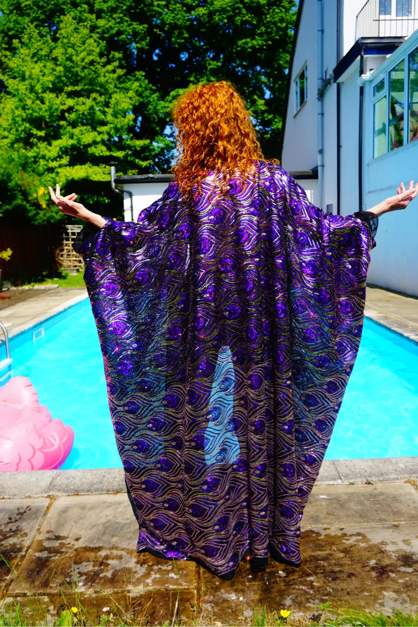 Luxury Purple Sparkle Holographic Sequin Kaftan Gown / Kimono Robe