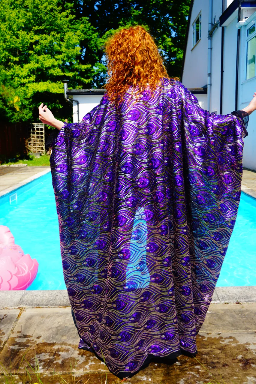 Luxury Purple Sparkle Holographic Sequin Kaftan Gown / Kimono Robe