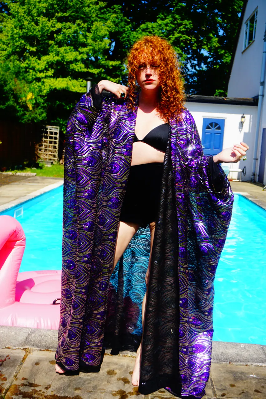 Luxury Purple Sparkle Holographic Sequin Kaftan Gown / Kimono Robe