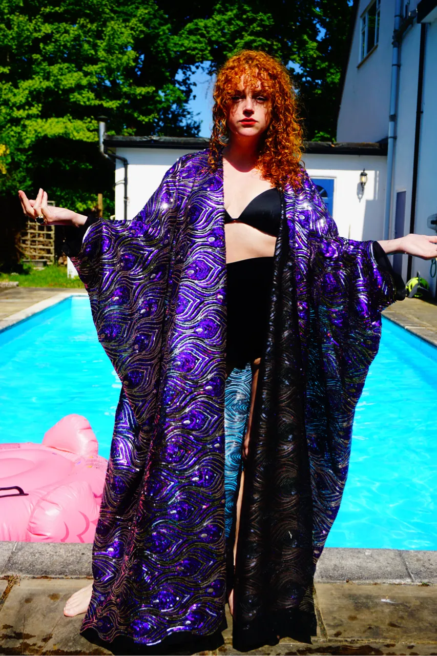 Luxury Purple Sparkle Holographic Sequin Kaftan Gown / Kimono Robe