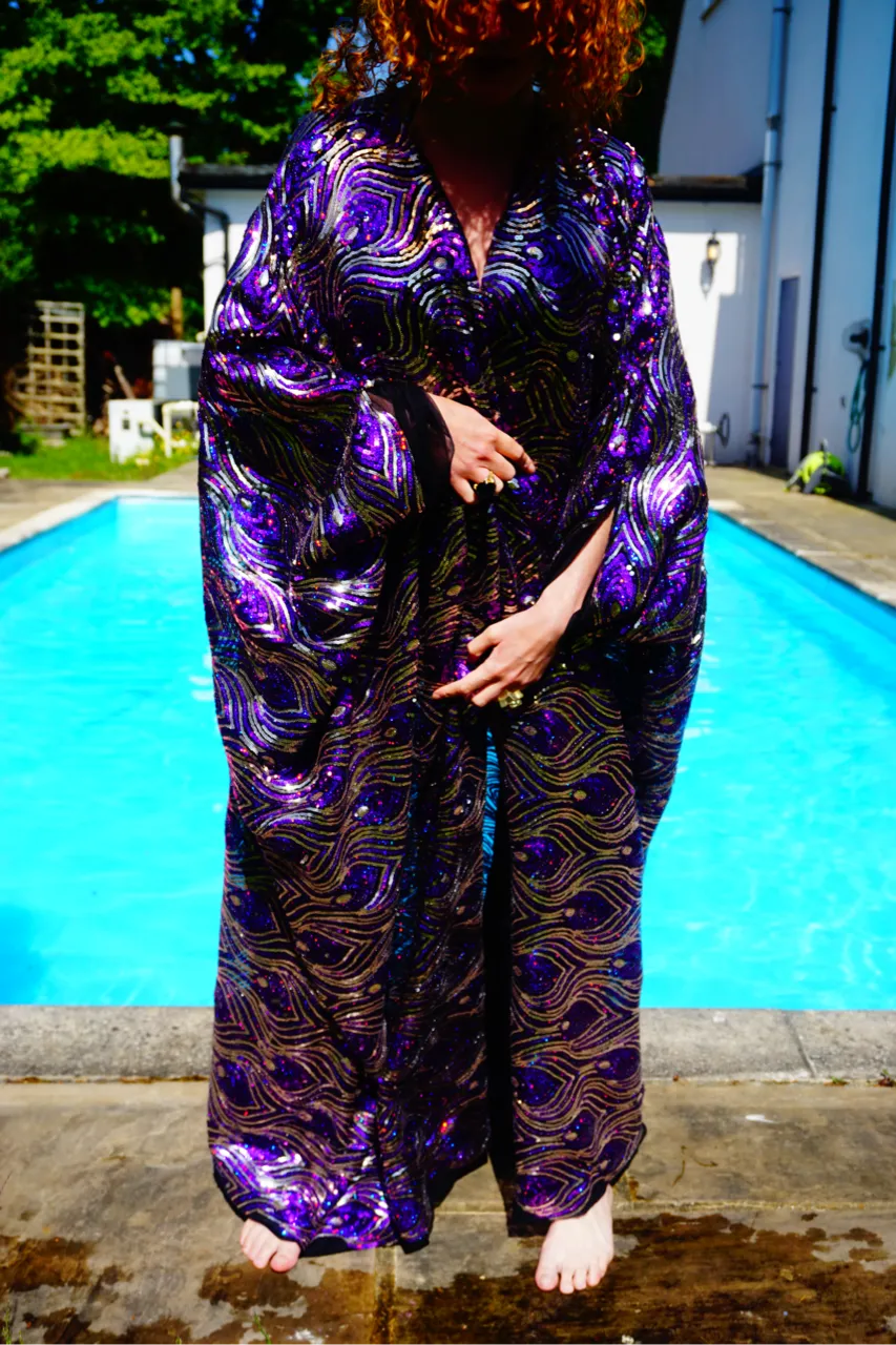 Luxury Purple Sparkle Holographic Sequin Kaftan Gown / Kimono Robe