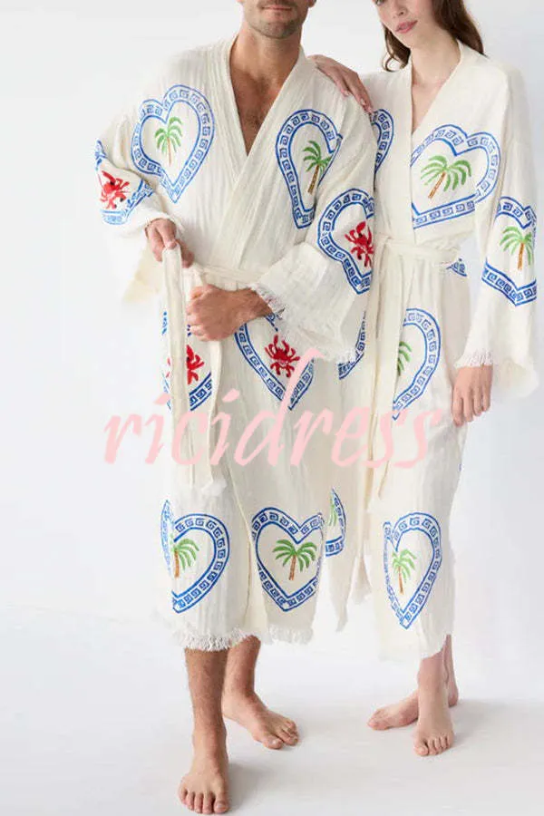 Maia Linen Blend Unique Print Belt Swimwear / Lounge Cover-up Robe