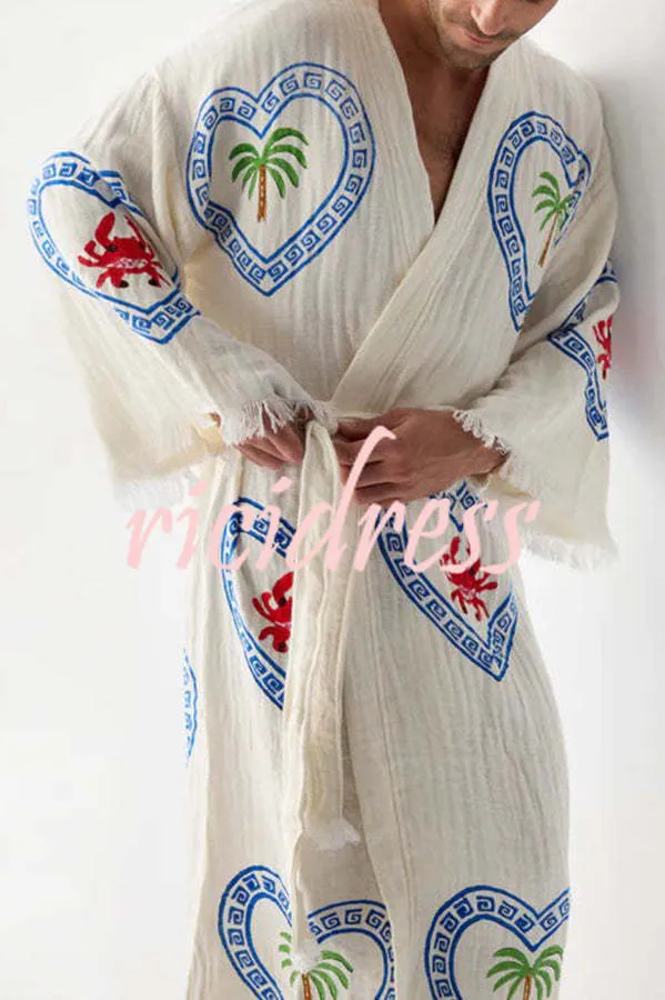 Maia Linen Blend Unique Print Belt Swimwear / Lounge Cover-up Robe
