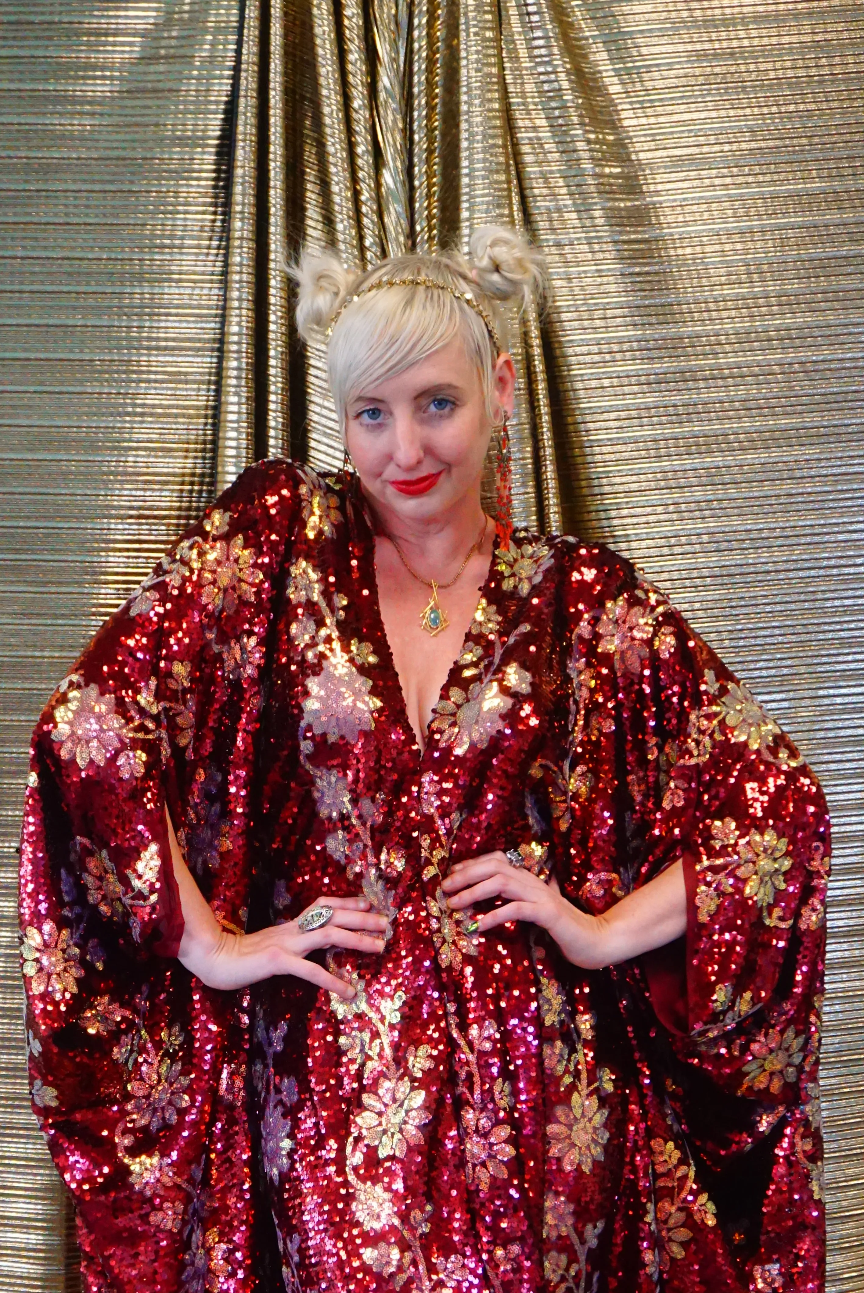 Maroon Red sequin and iridescent flowers Kaftan Gown