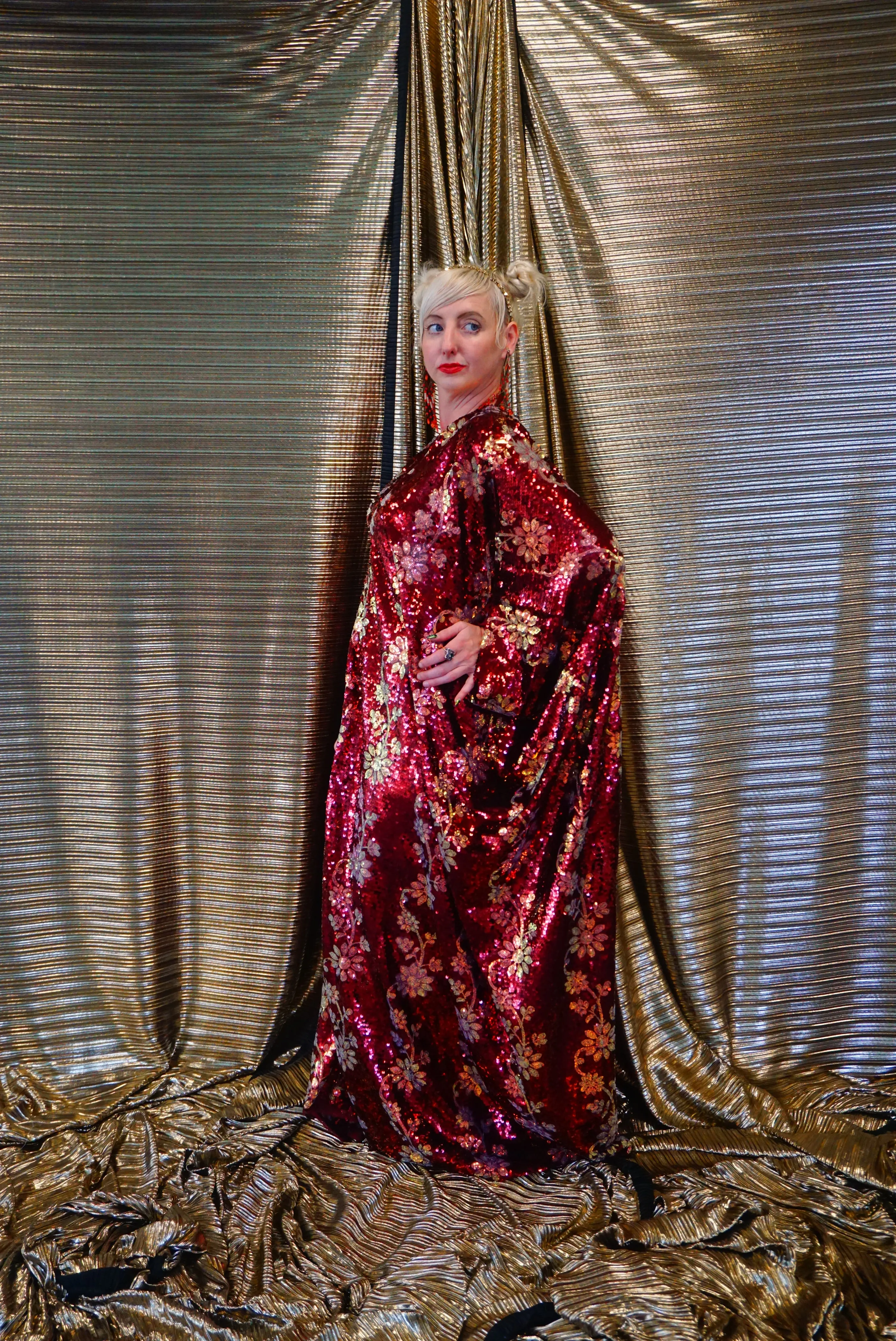 Maroon Red sequin and iridescent flowers Kaftan Gown