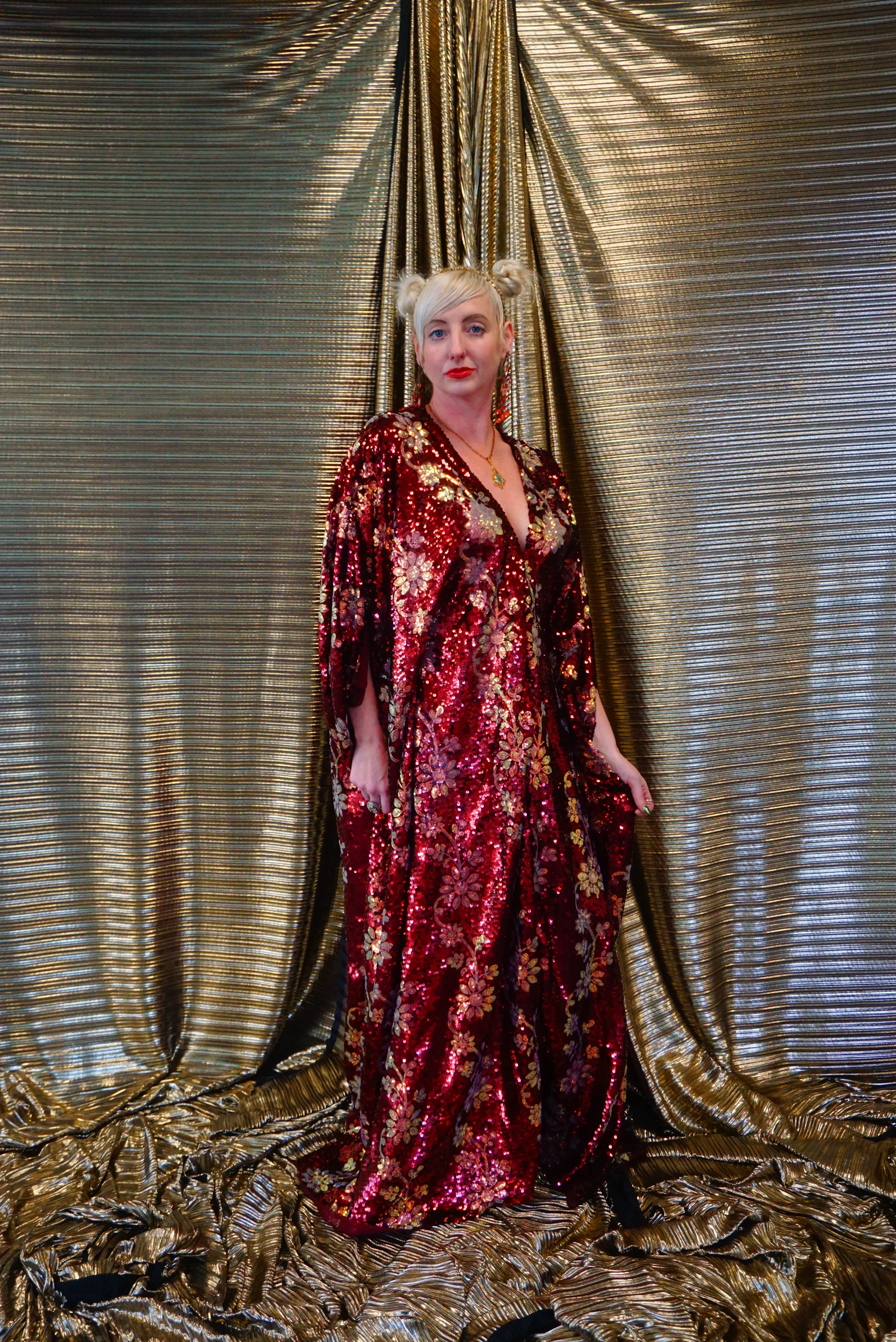 Maroon Red sequin and iridescent flowers Kaftan Gown