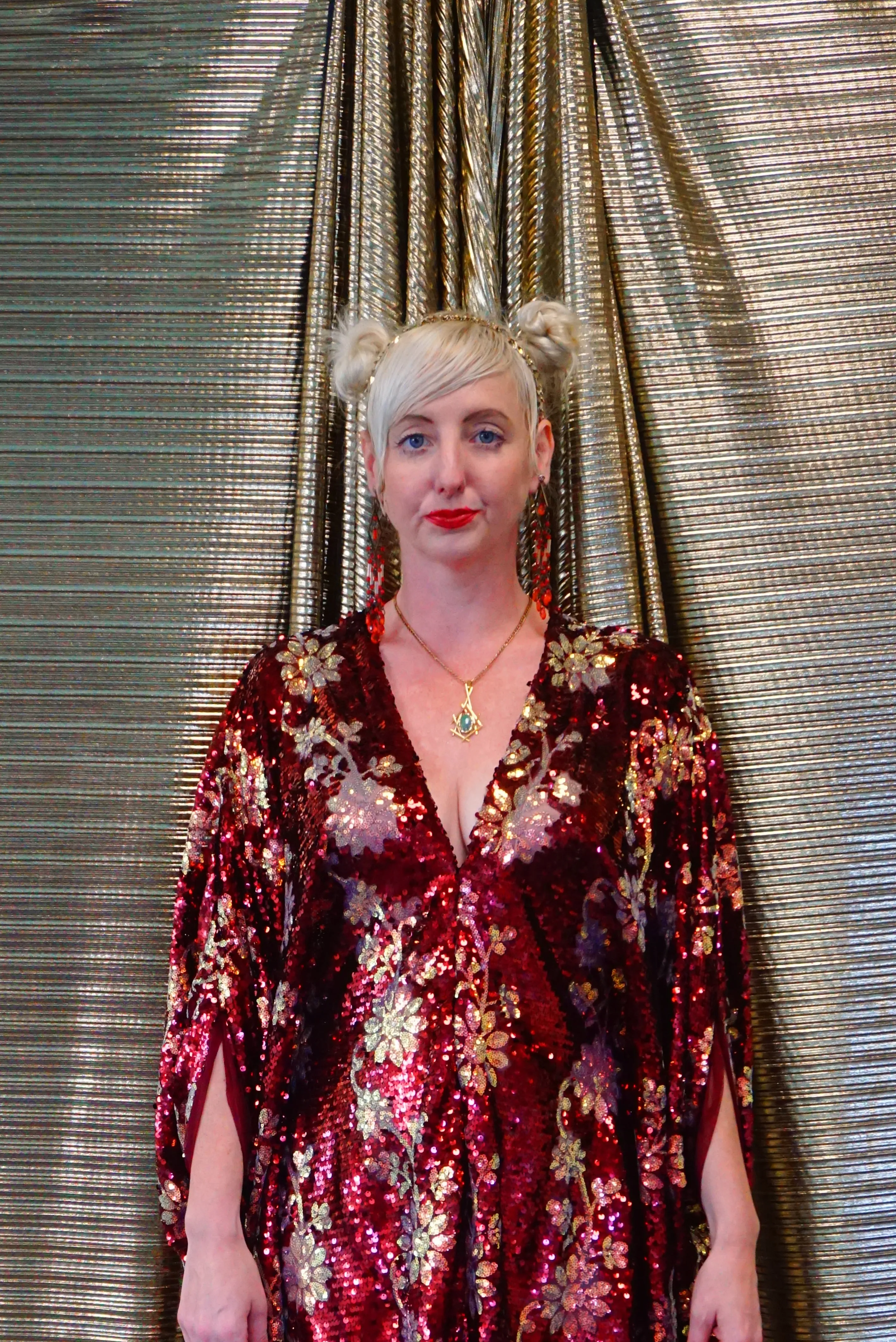 Maroon Red sequin and iridescent flowers Kaftan Gown