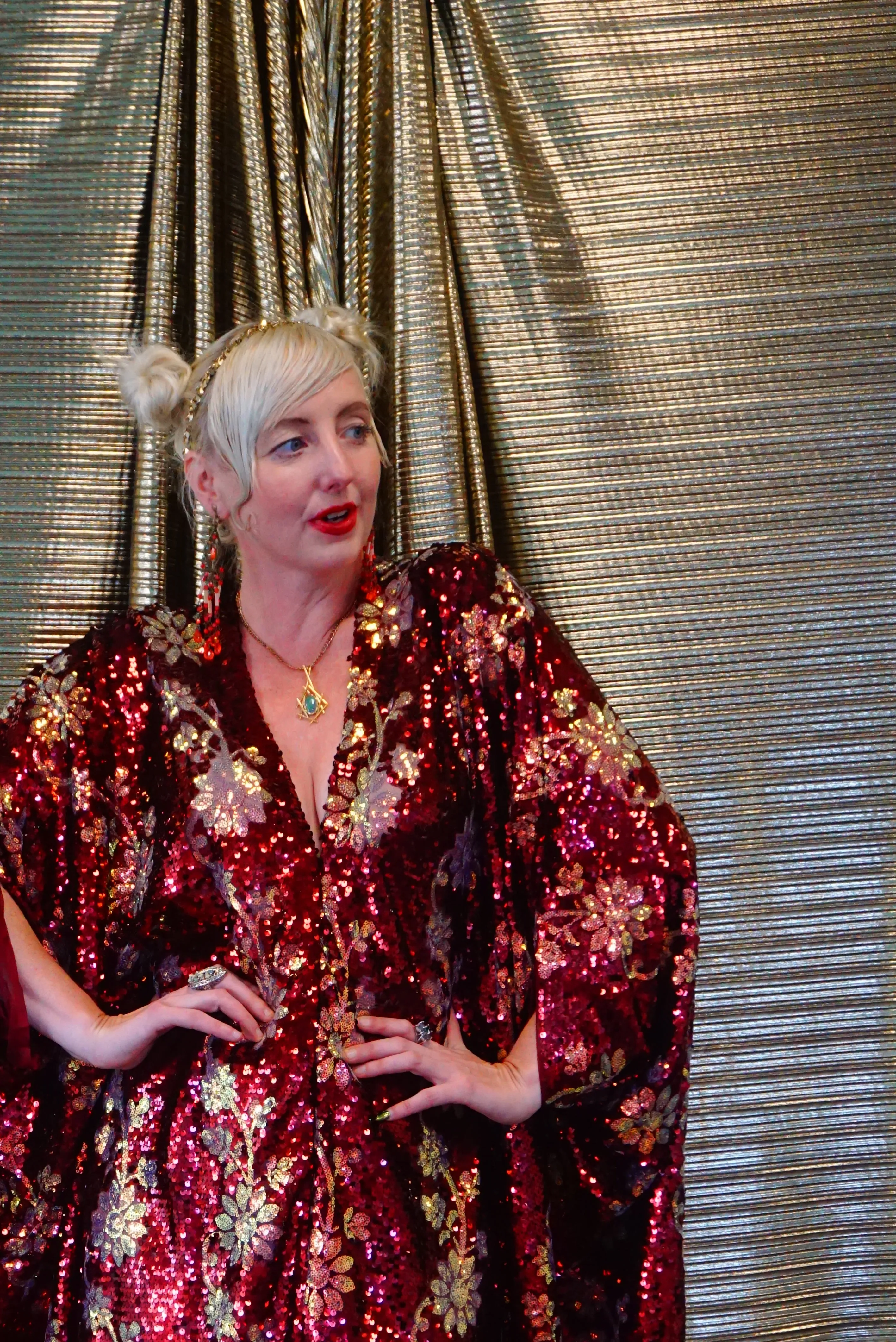 Maroon Red sequin and iridescent flowers Kaftan Gown