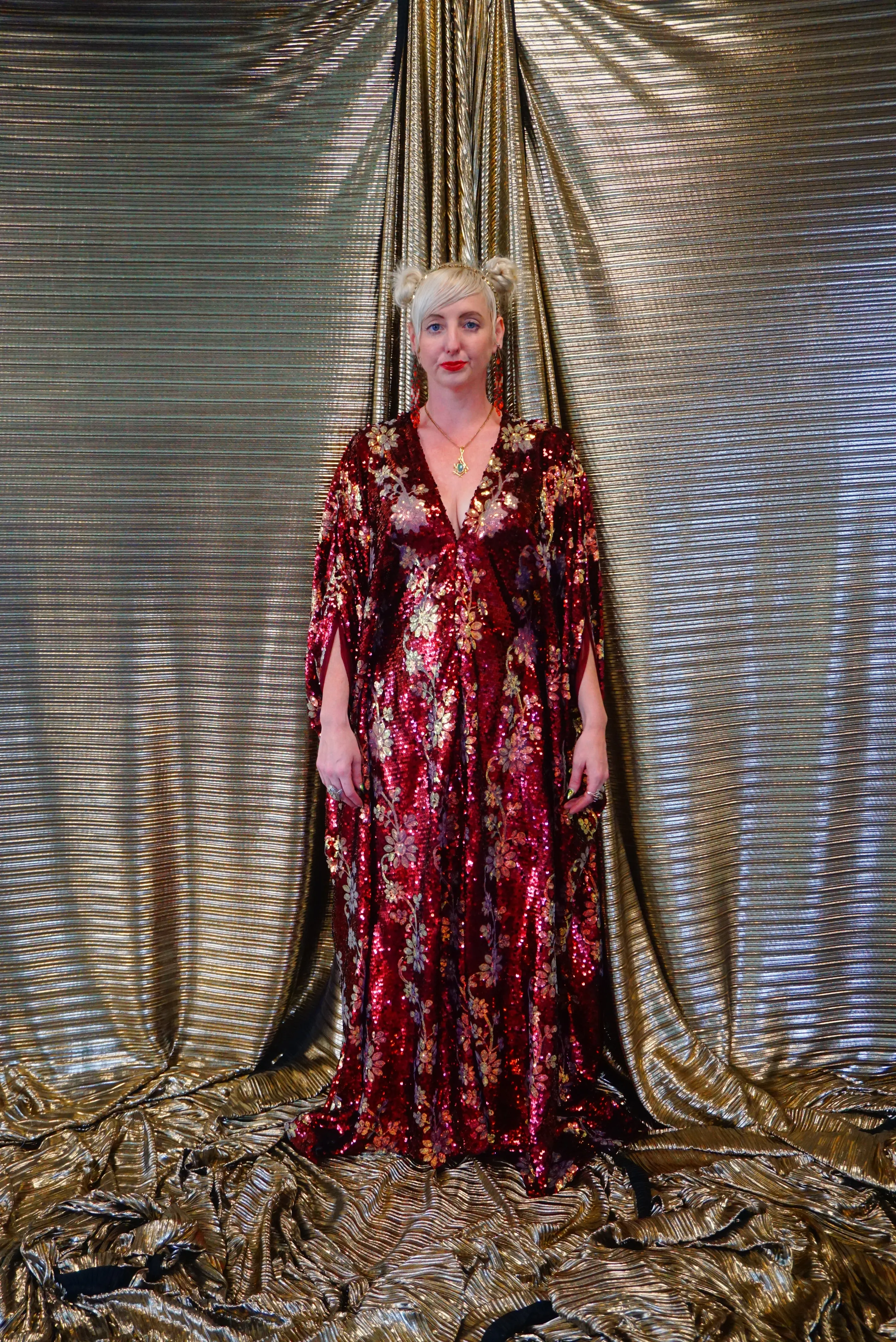 Maroon Red sequin and iridescent flowers Kaftan Gown