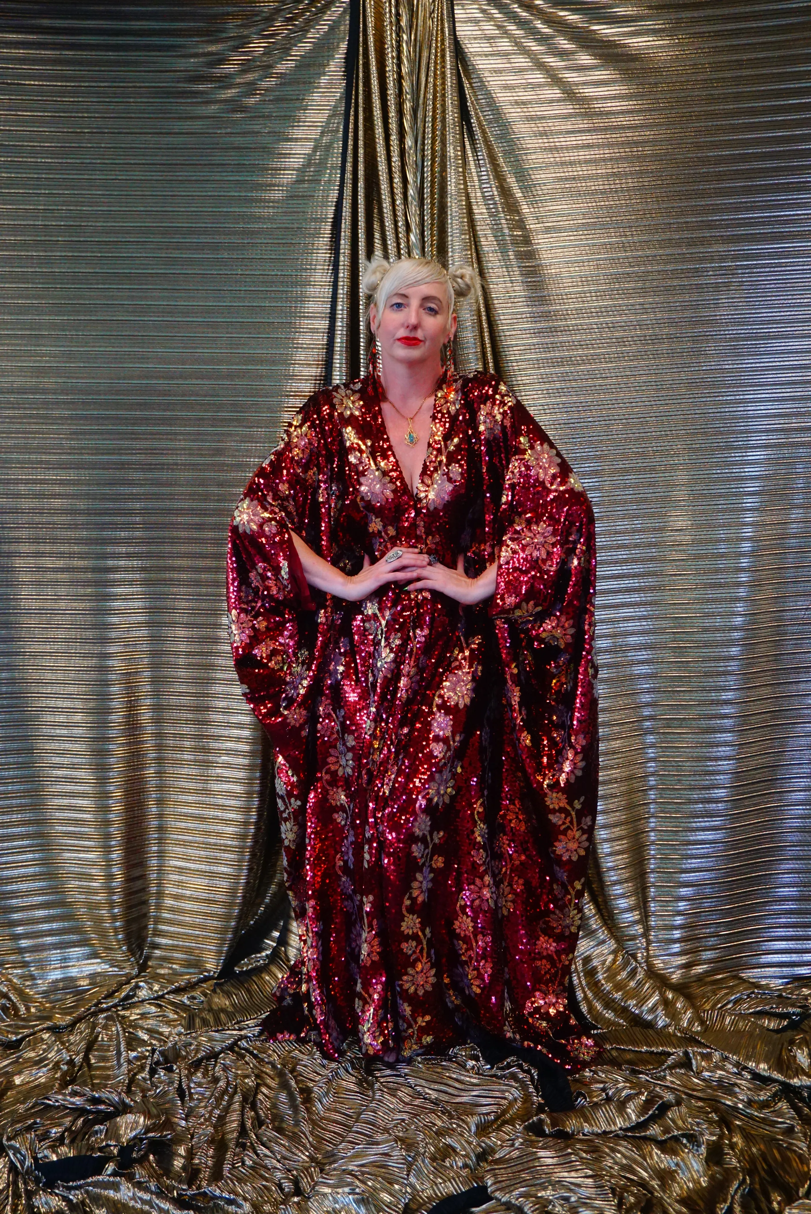 Maroon Red sequin and iridescent flowers Kaftan Gown