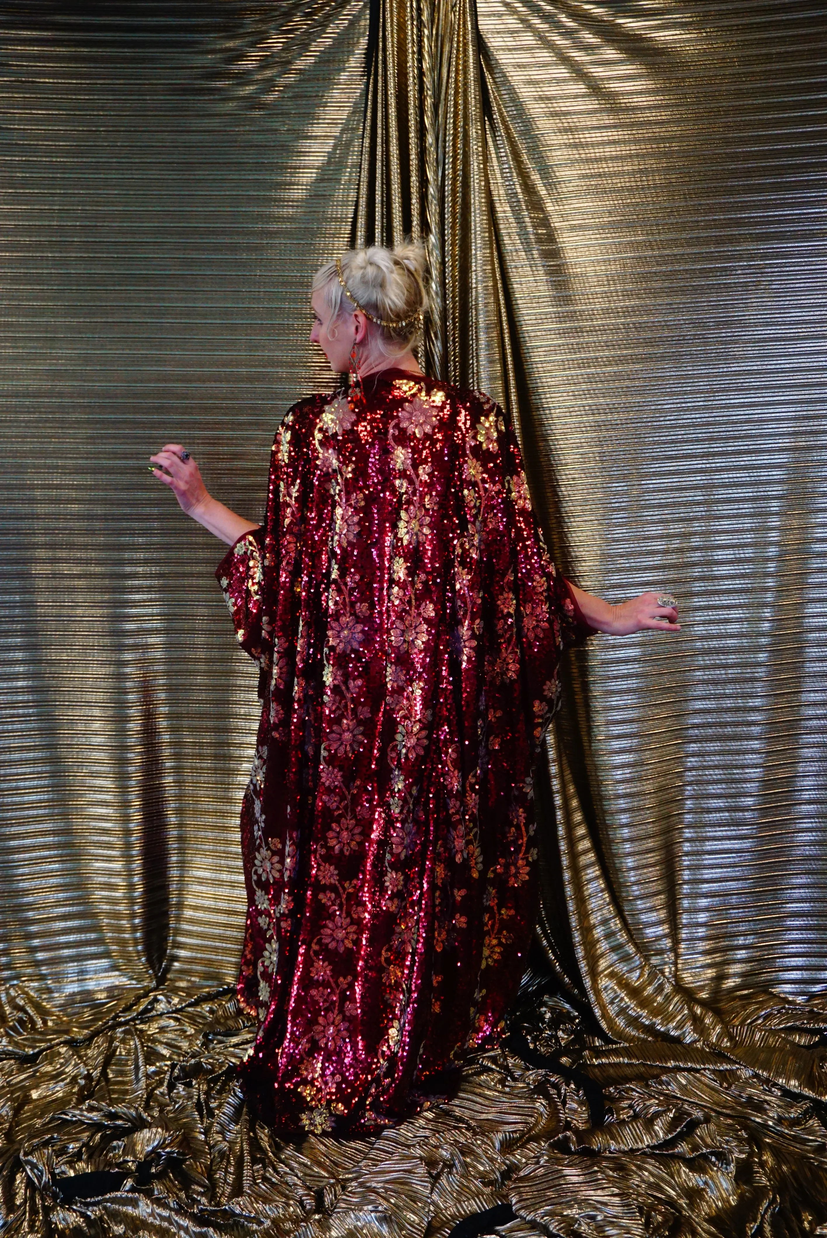 Maroon Red sequin and iridescent flowers Kaftan Gown