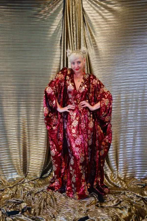 Maroon Red sequin and iridescent flowers Kaftan Gown