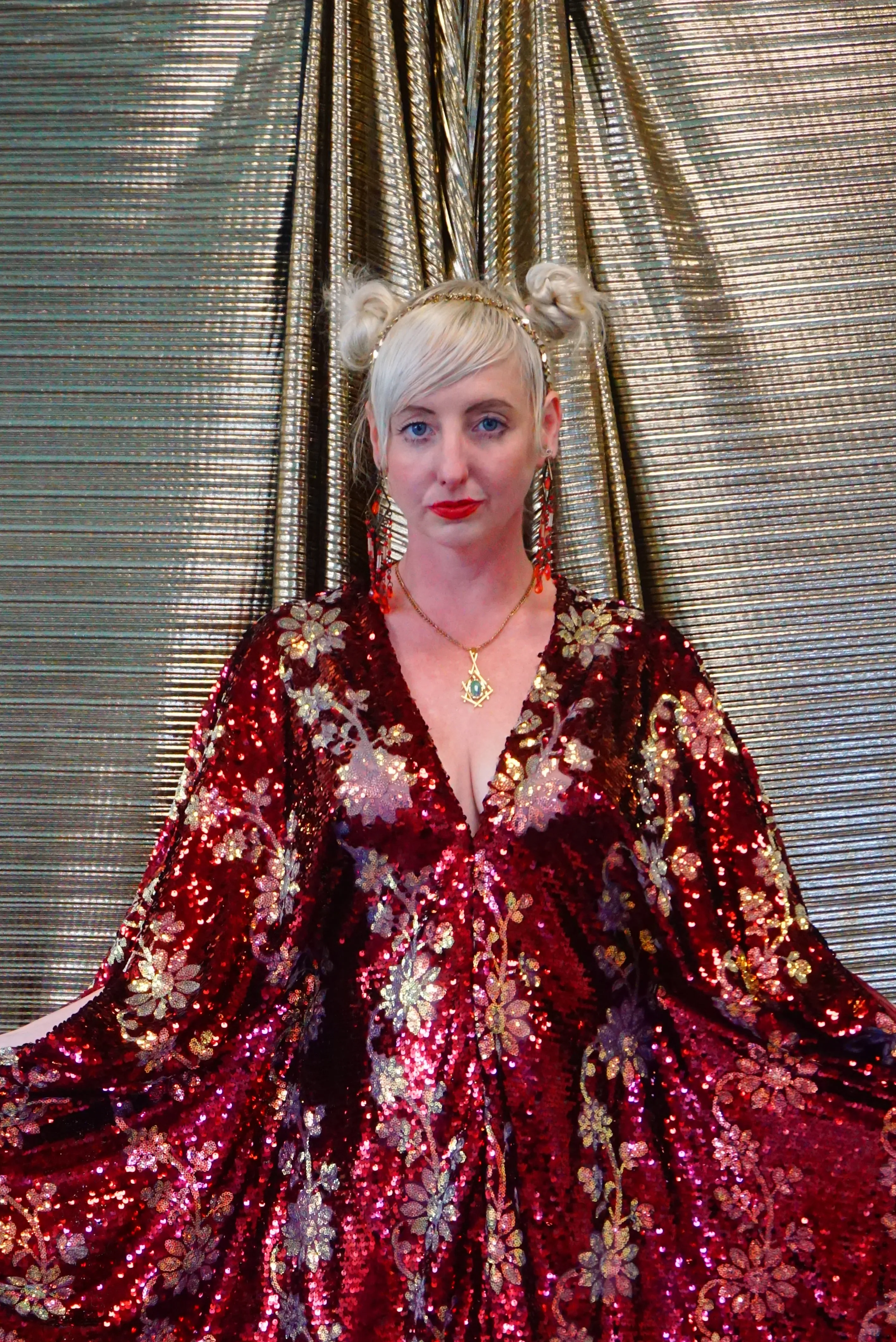 Maroon Red sequin and iridescent flowers Kaftan Gown