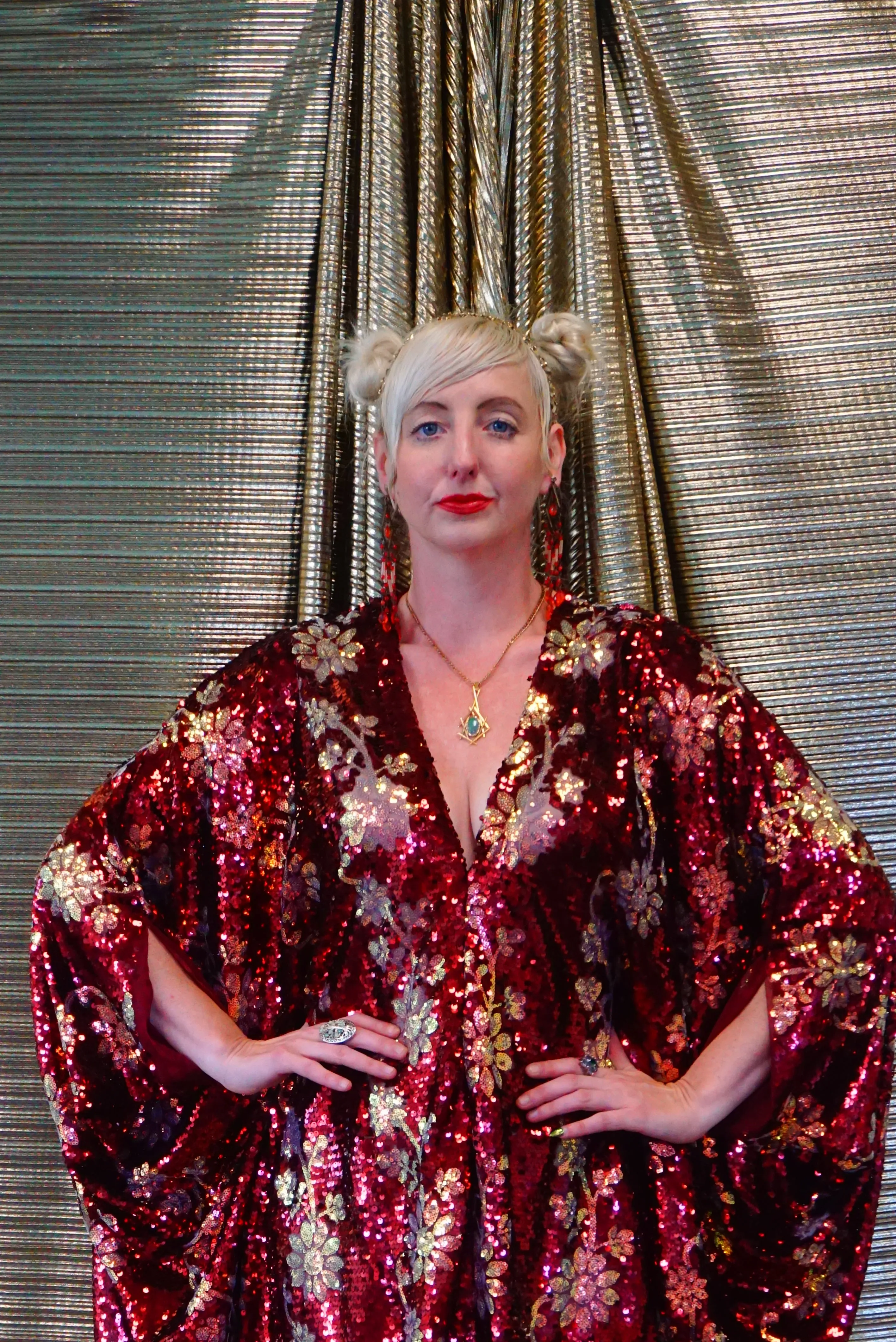 Maroon Red sequin and iridescent flowers Kaftan Gown