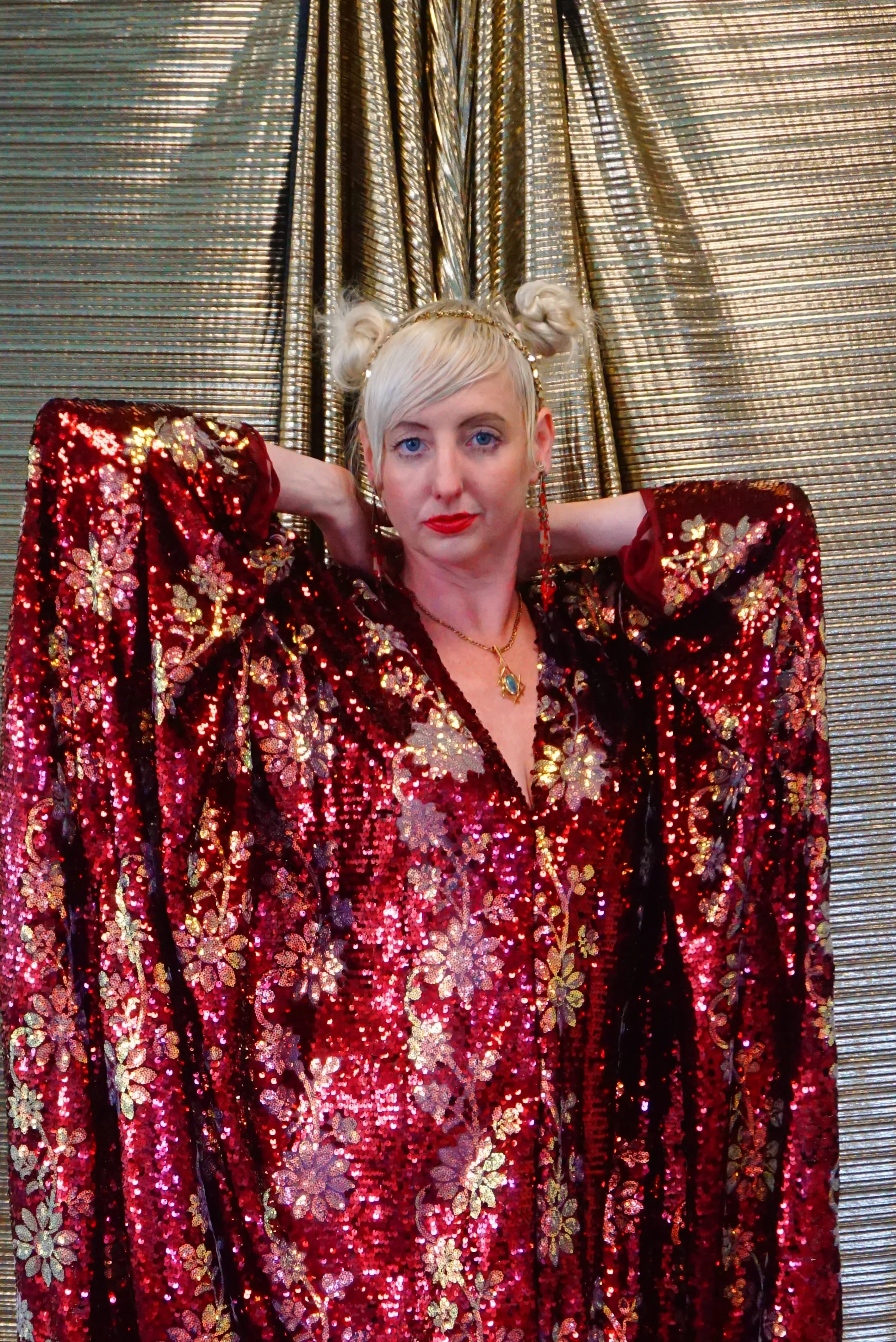 Maroon Red sequin and iridescent flowers Kaftan Gown