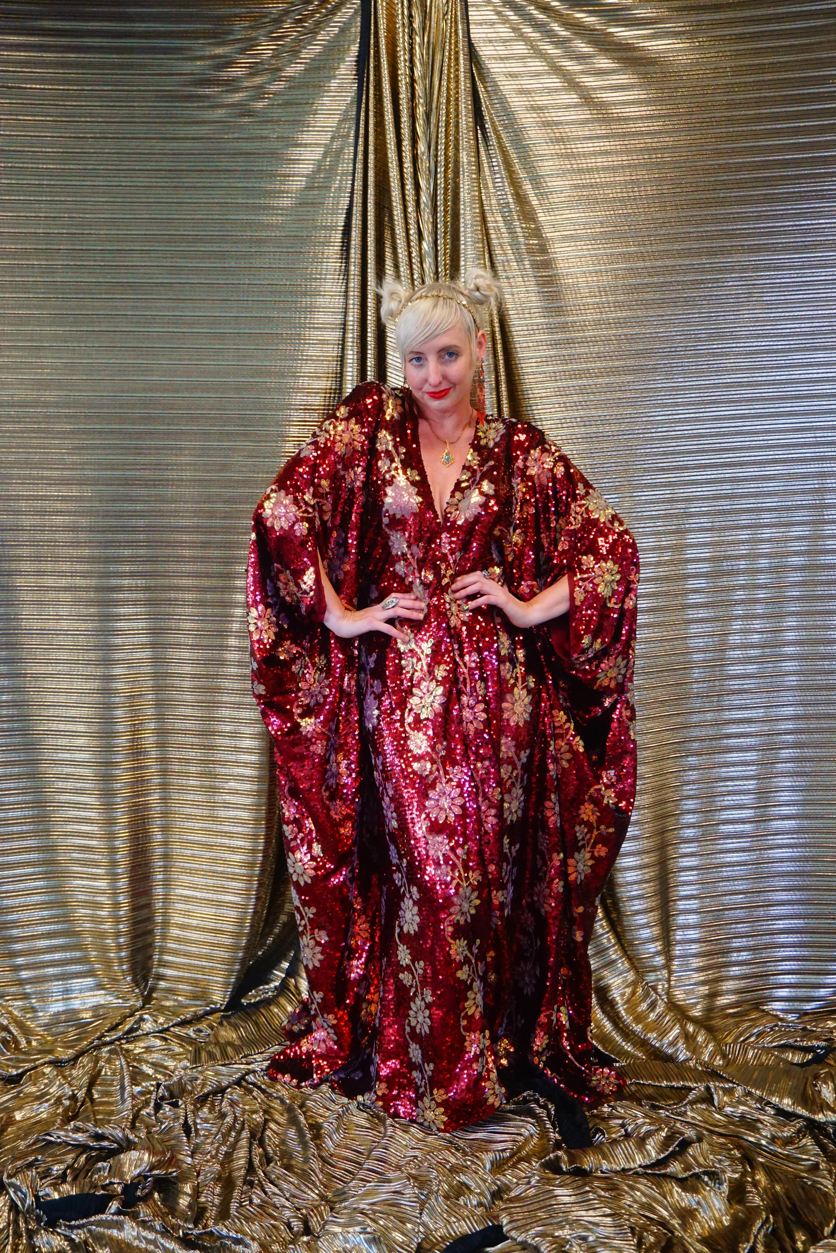 Maroon Red sequin and iridescent flowers Kaftan Gown