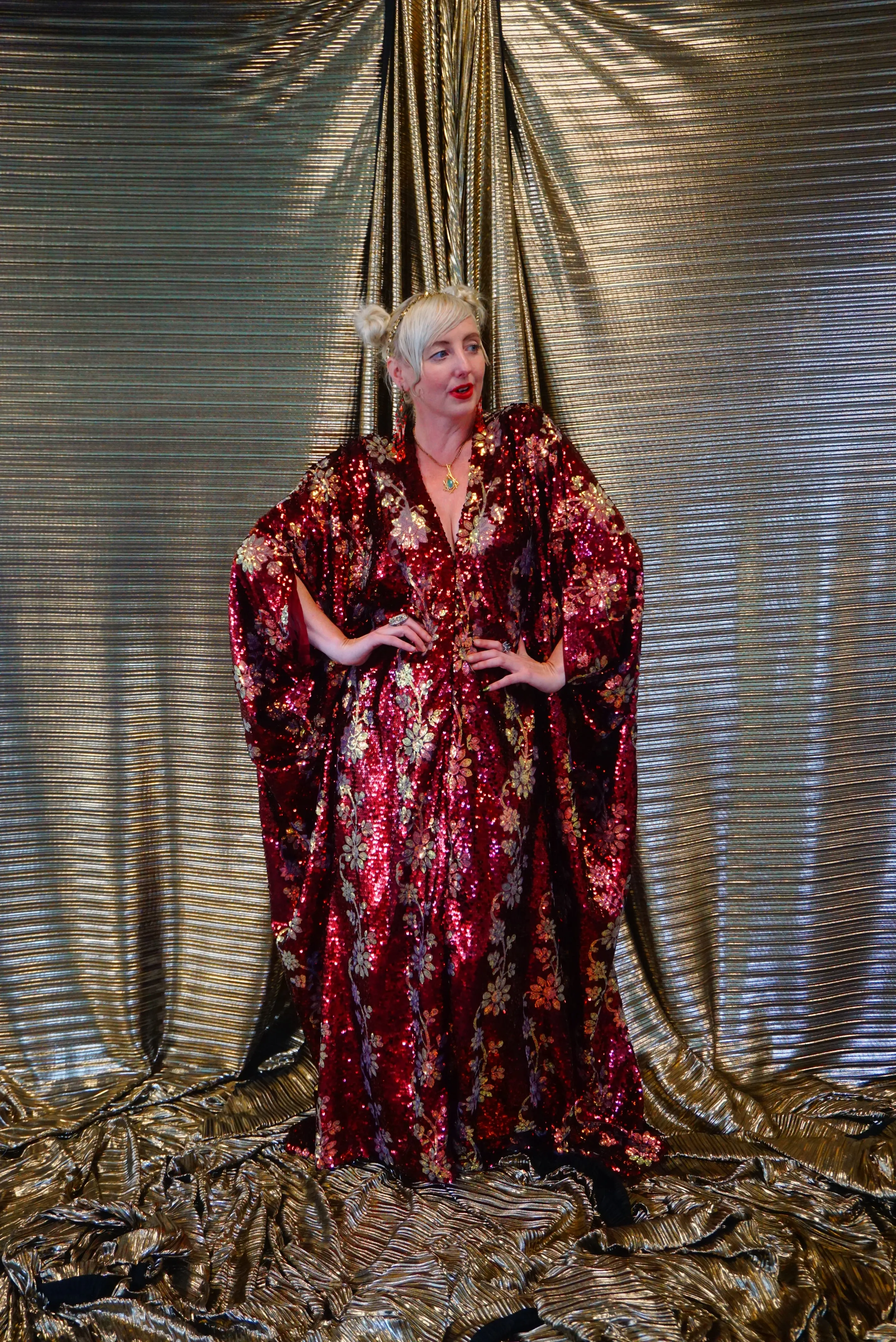 Maroon Red sequin and iridescent flowers Kaftan Gown