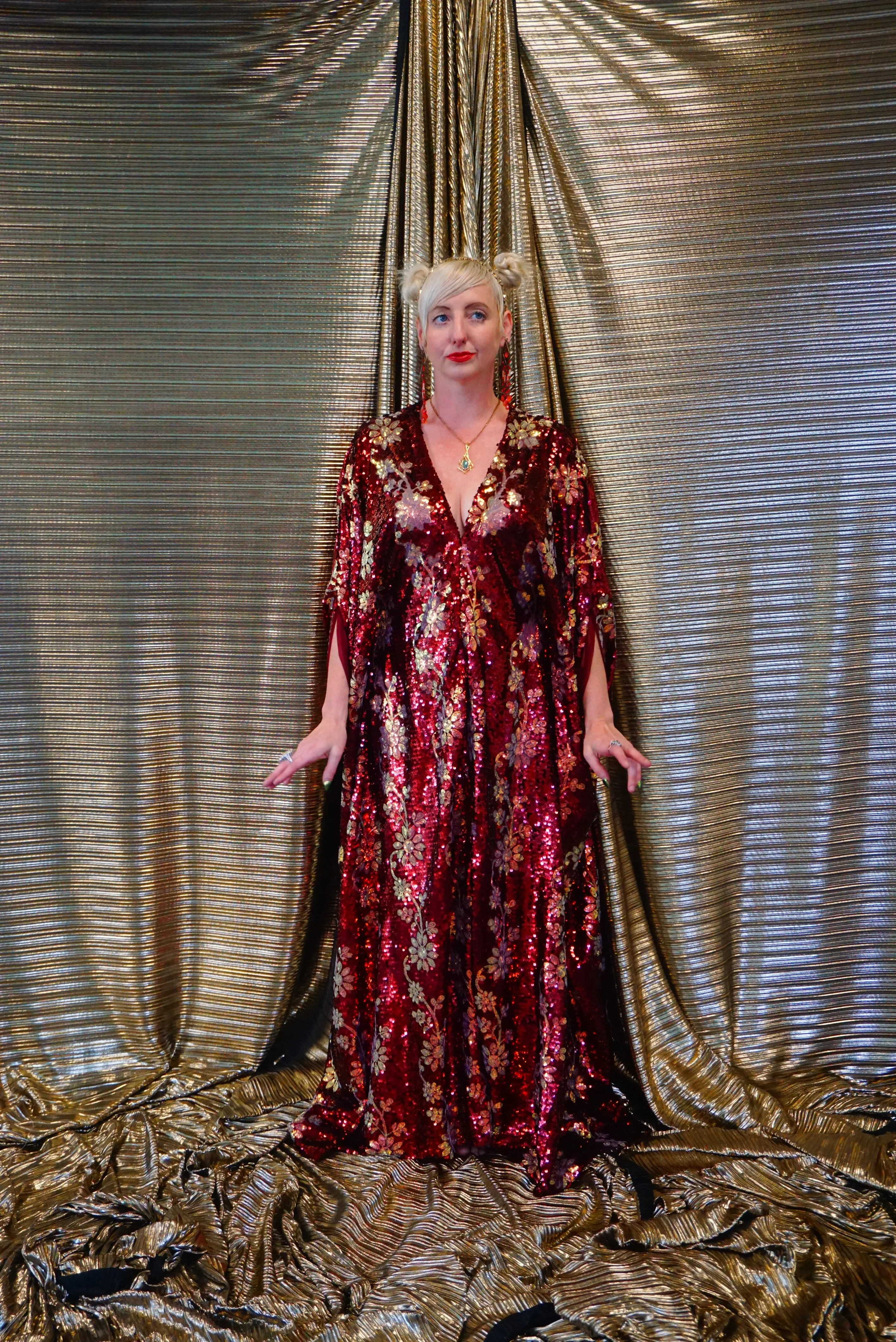 Maroon Red sequin and iridescent flowers Kaftan Gown