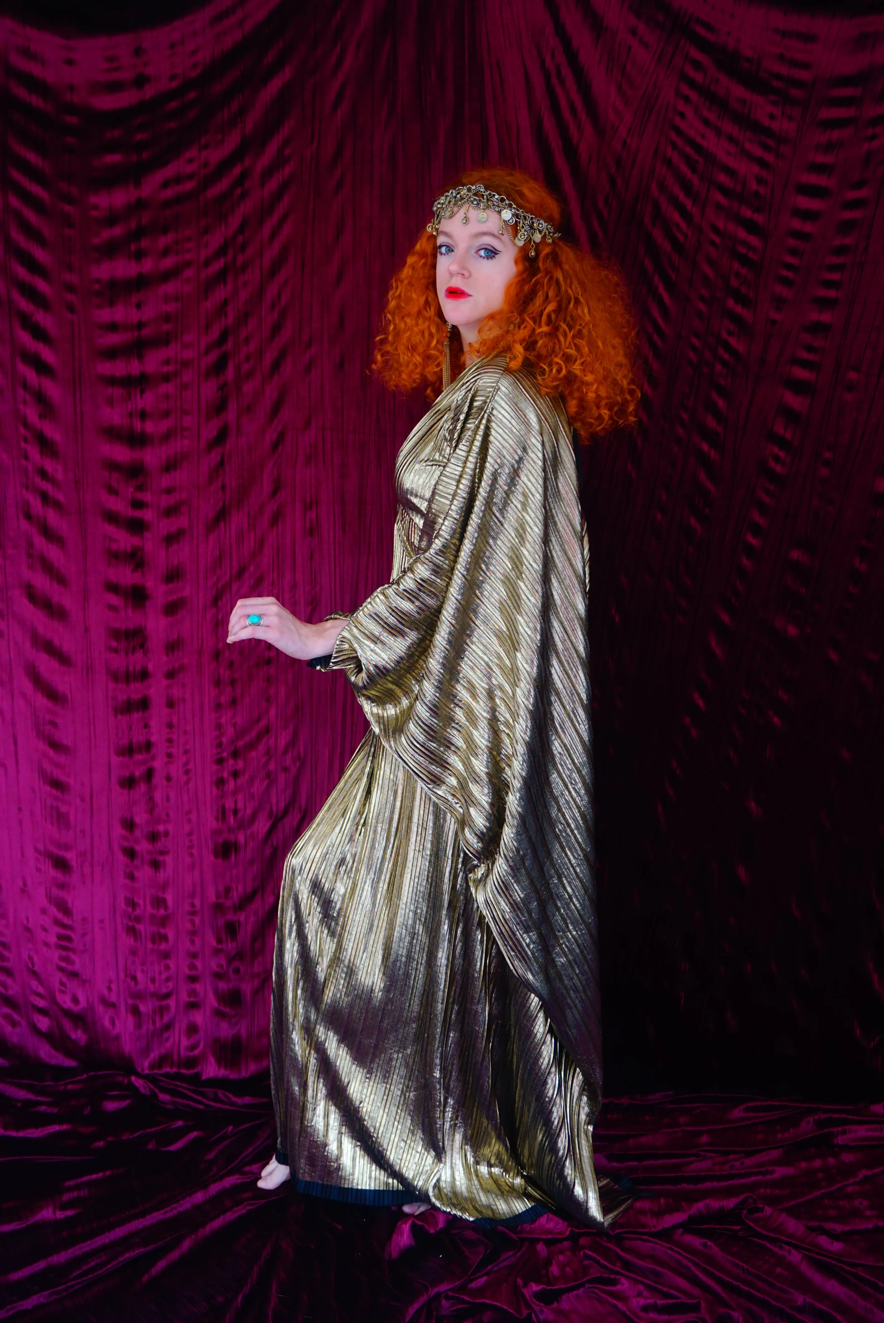 Metallic Gold Plissè V-neck Kaftan Gown