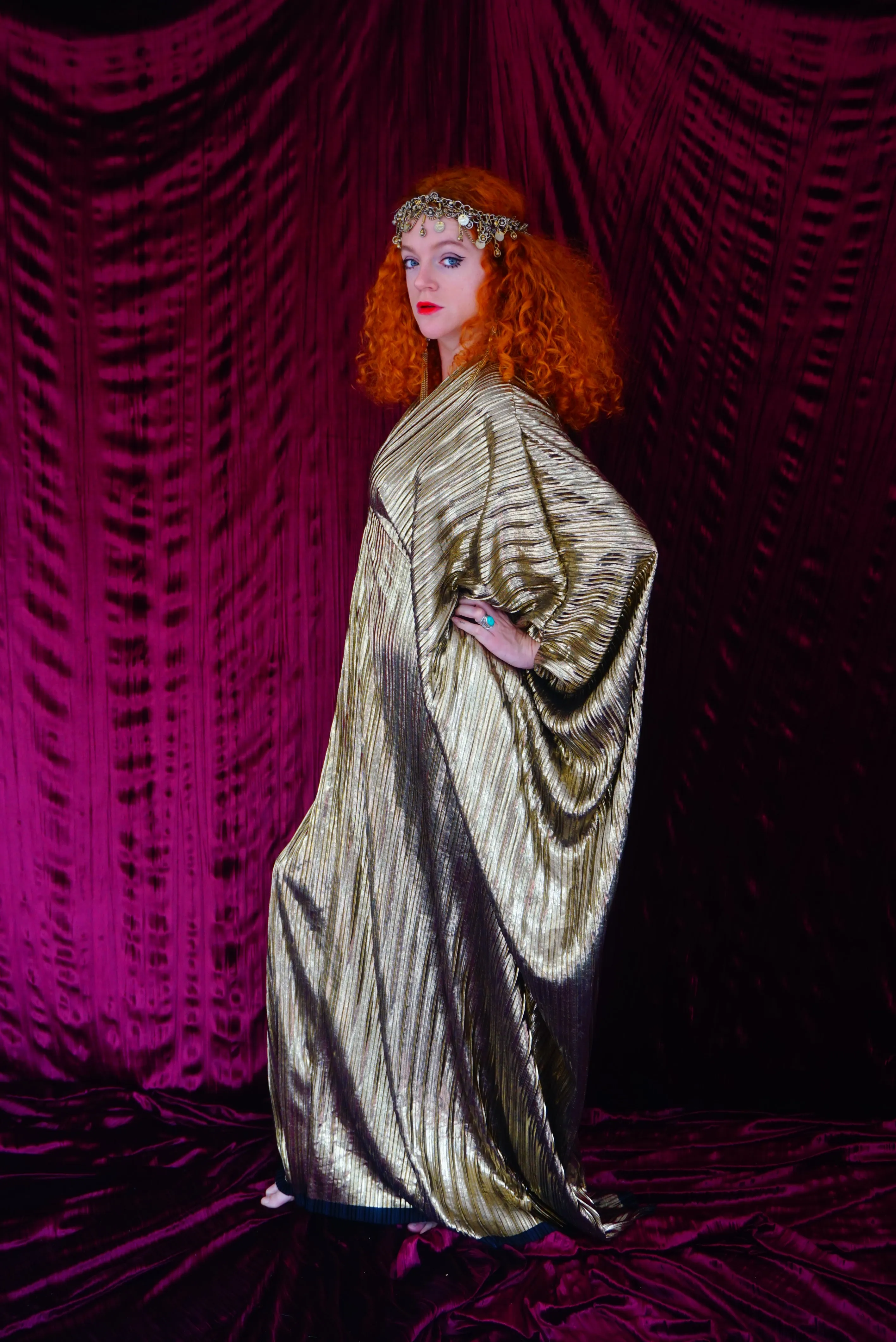 Metallic Gold Plissè V-neck Kaftan Gown