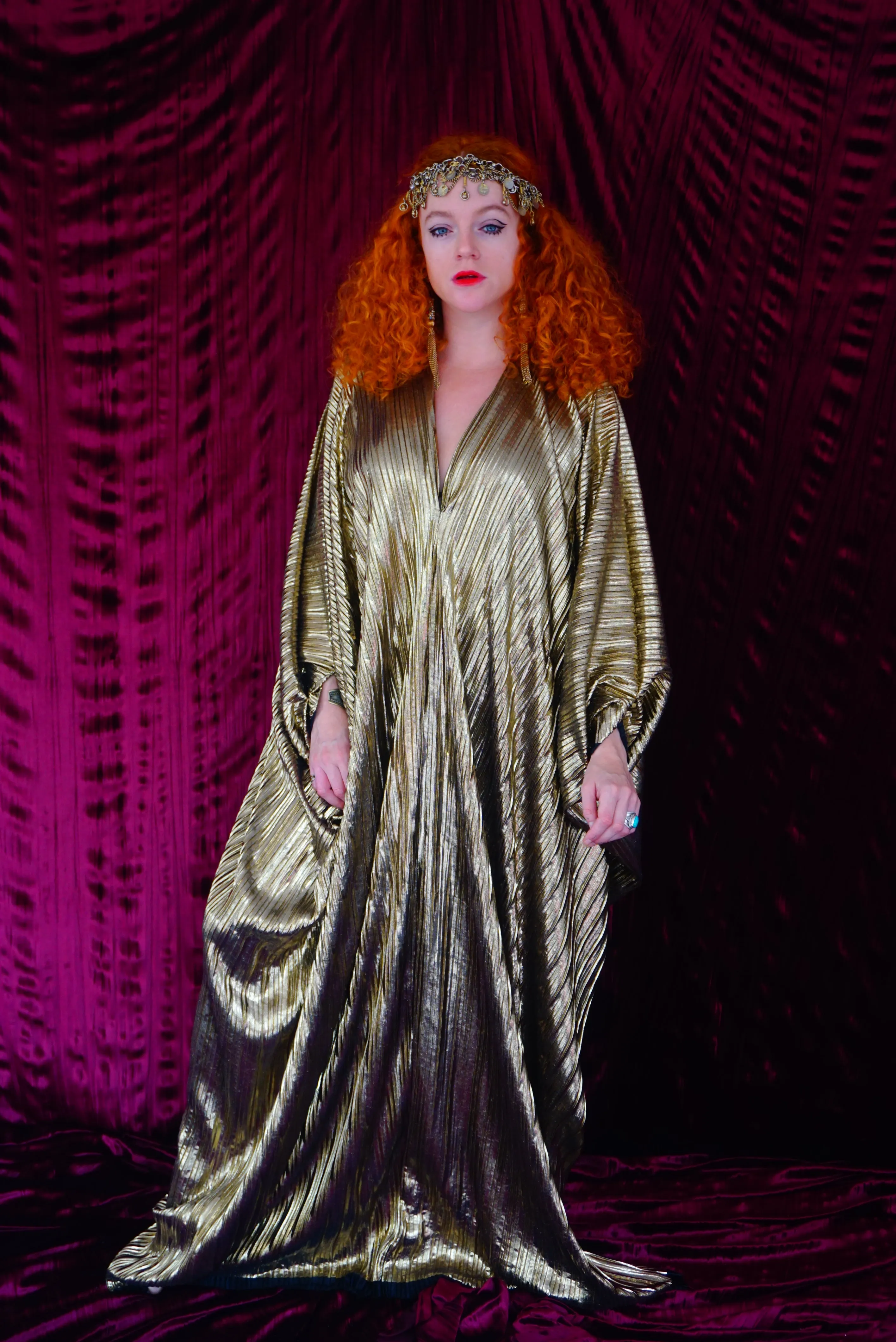 Metallic Gold Plissè V-neck Kaftan Gown