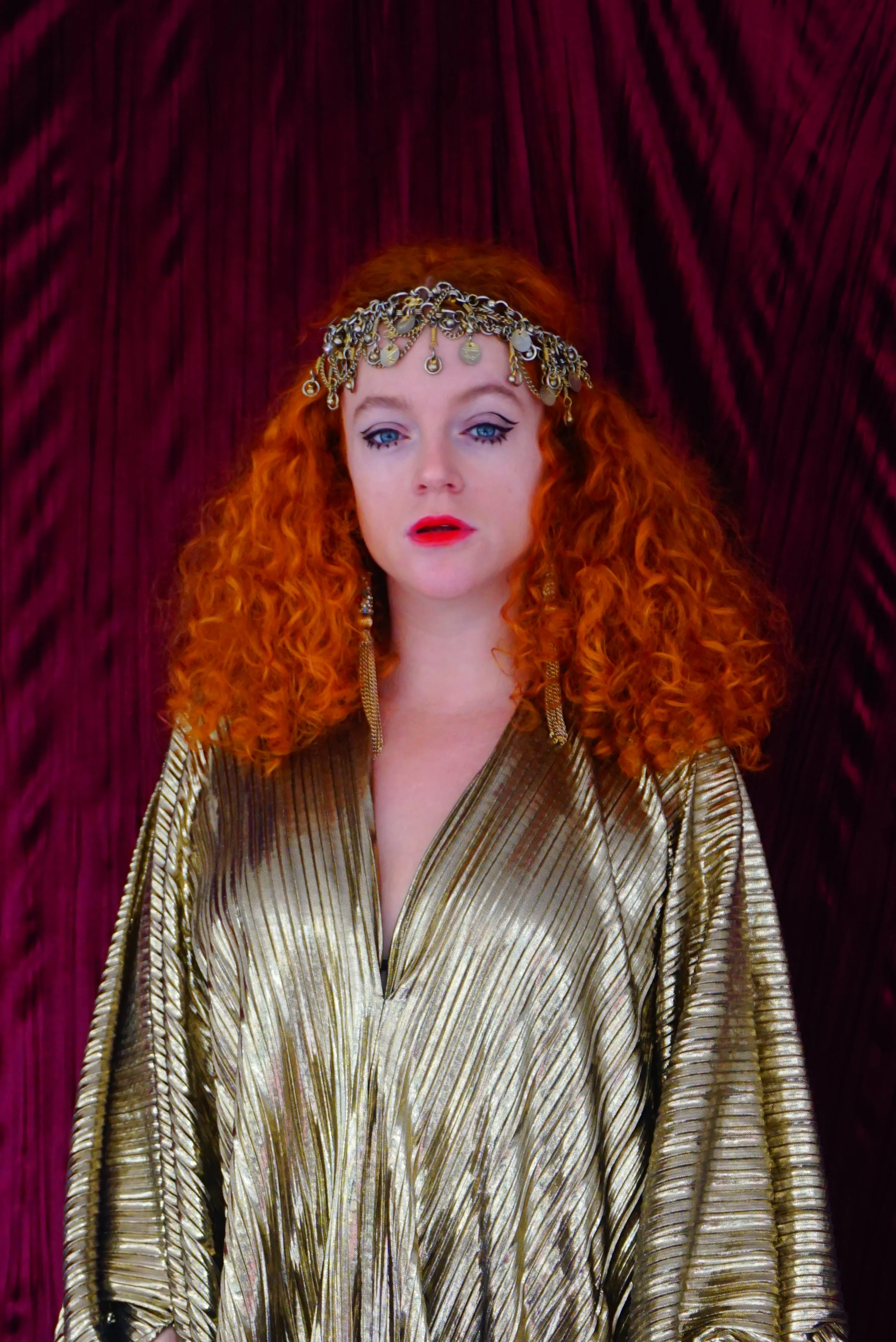 Metallic Gold Plissè V-neck Kaftan Gown