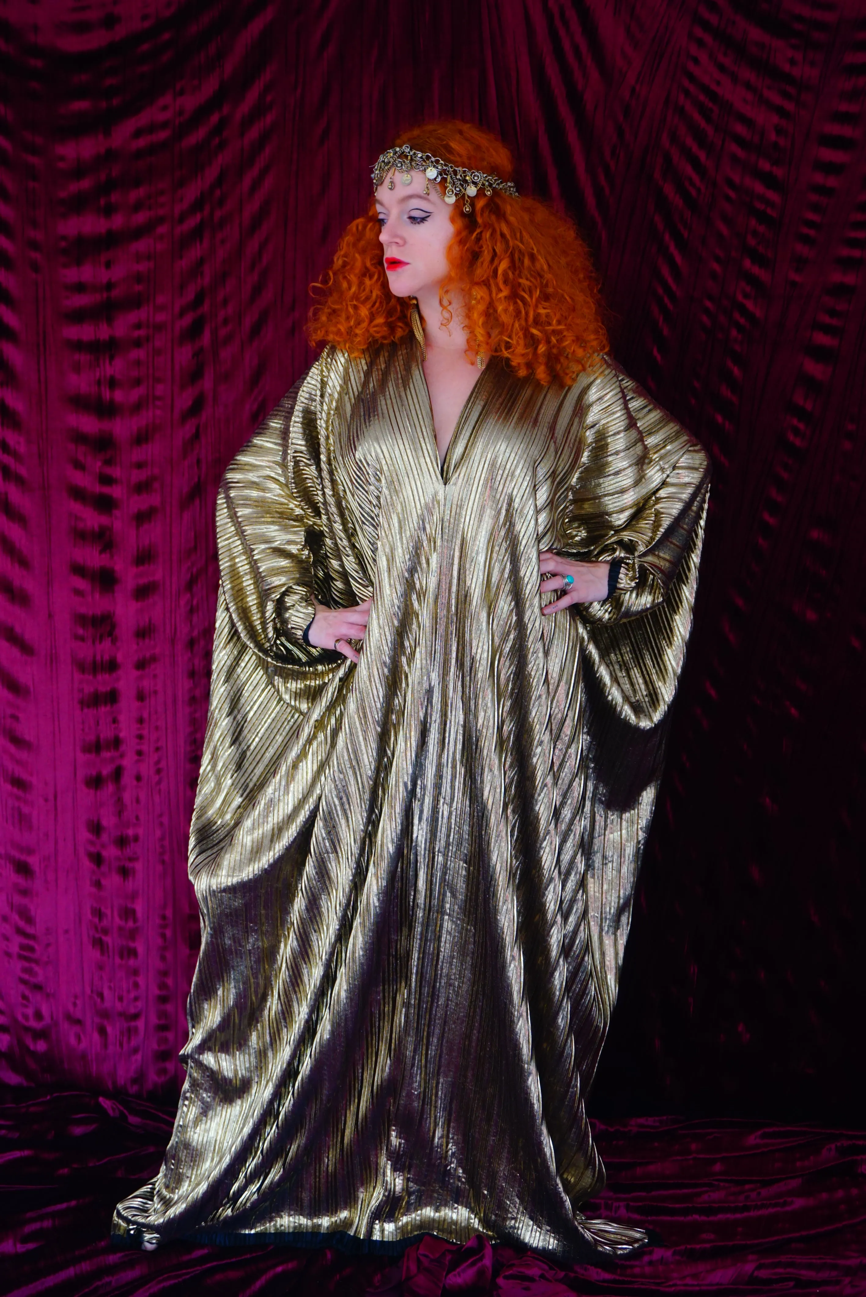 Metallic Gold Plissè V-neck Kaftan Gown