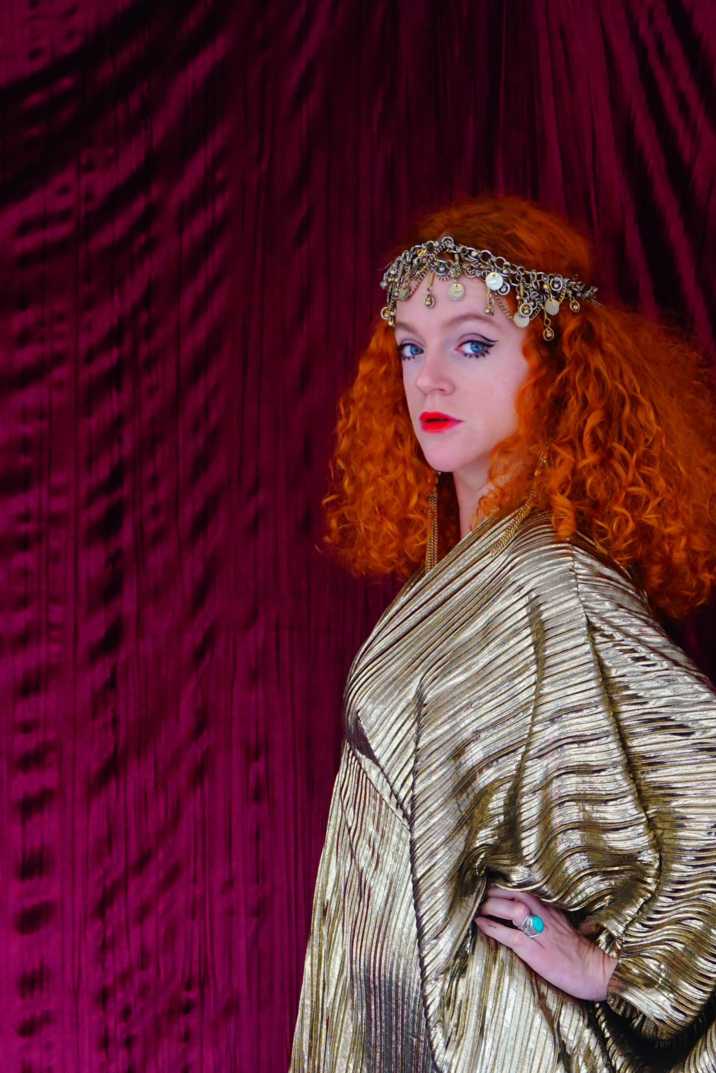Metallic Gold Plissè V-neck Kaftan Gown