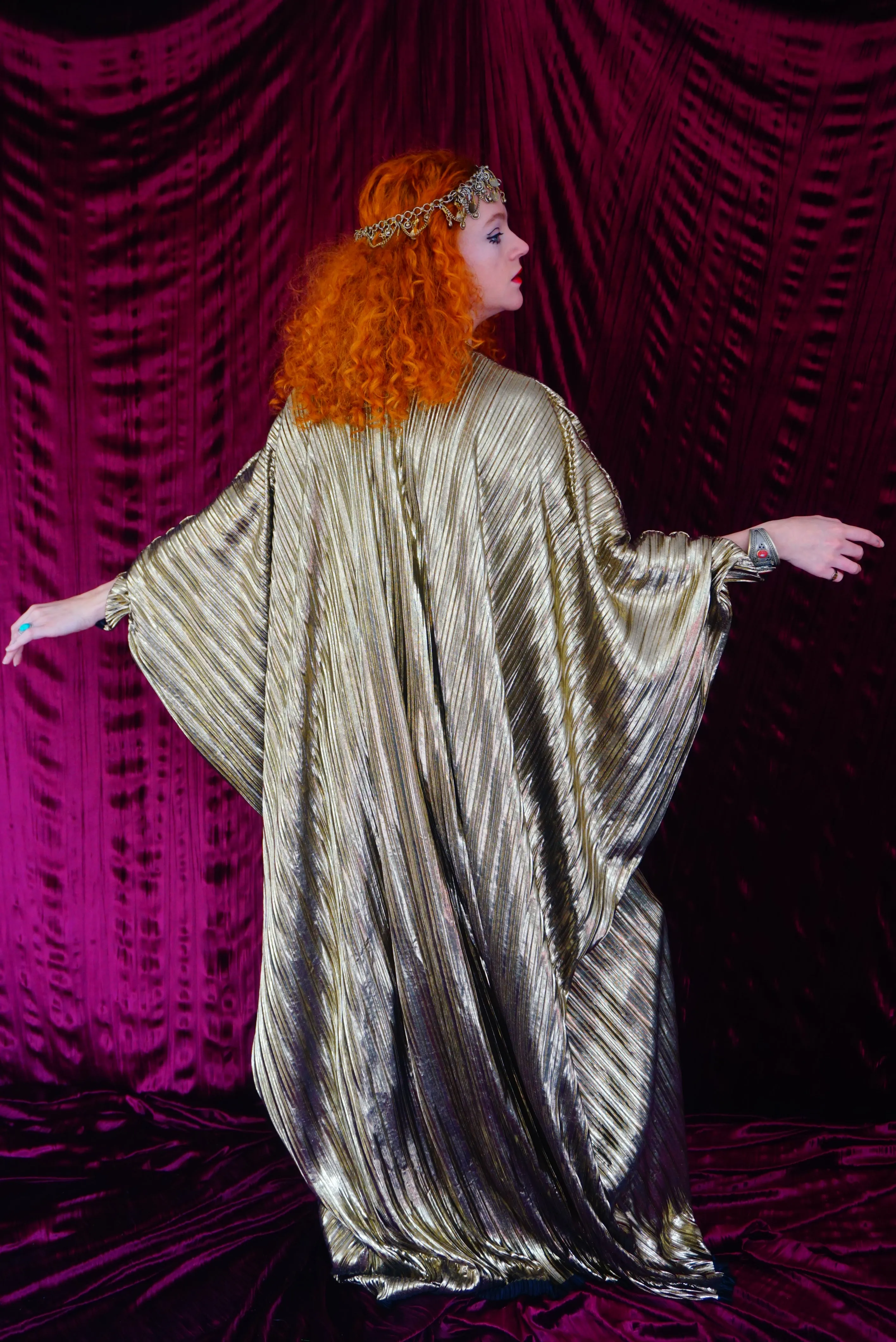 Metallic Gold Plissè V-neck Kaftan Gown