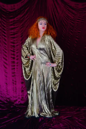 Metallic Gold Plissè V-neck Kaftan Gown
