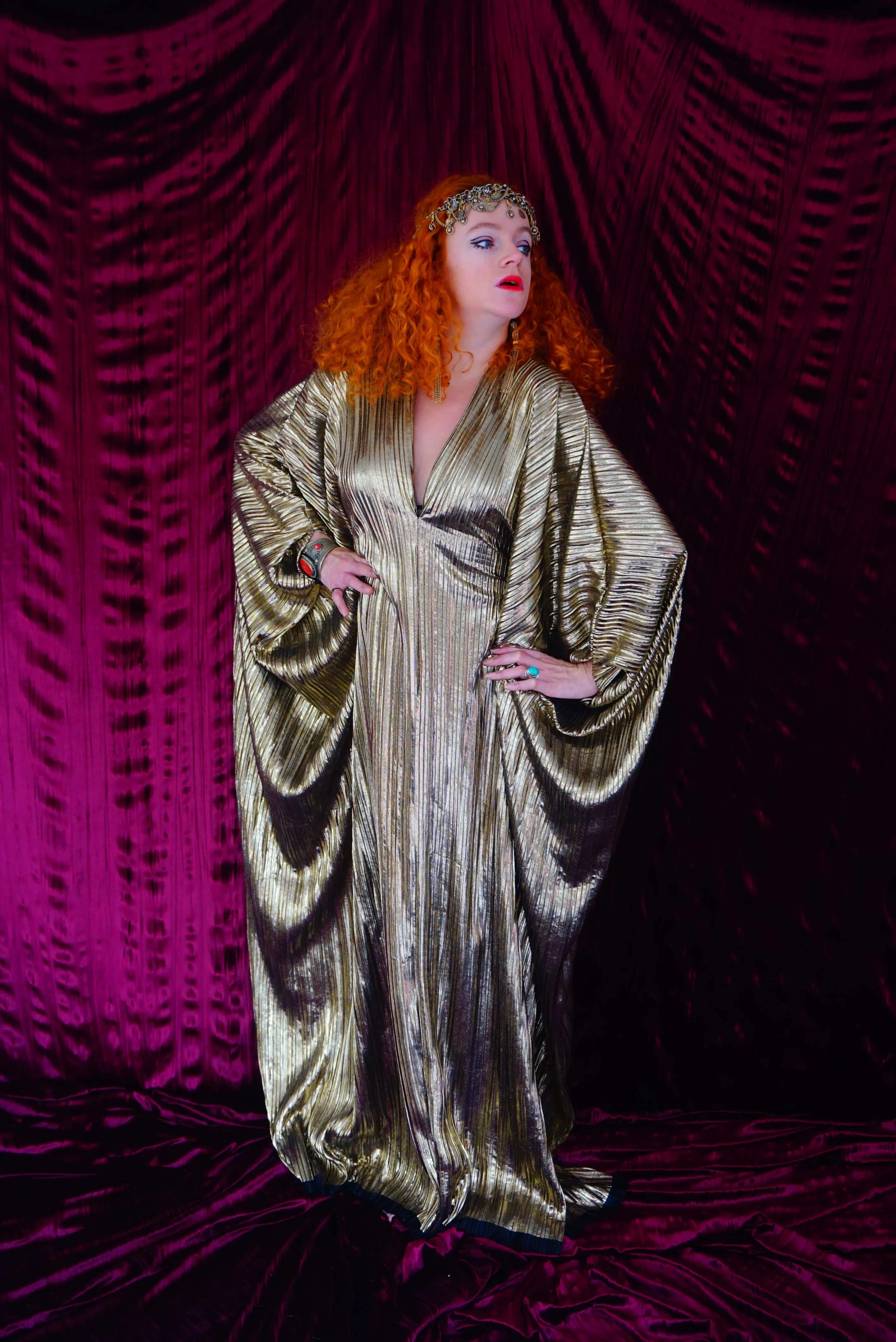 Metallic Gold Plissè V-neck Kaftan Gown