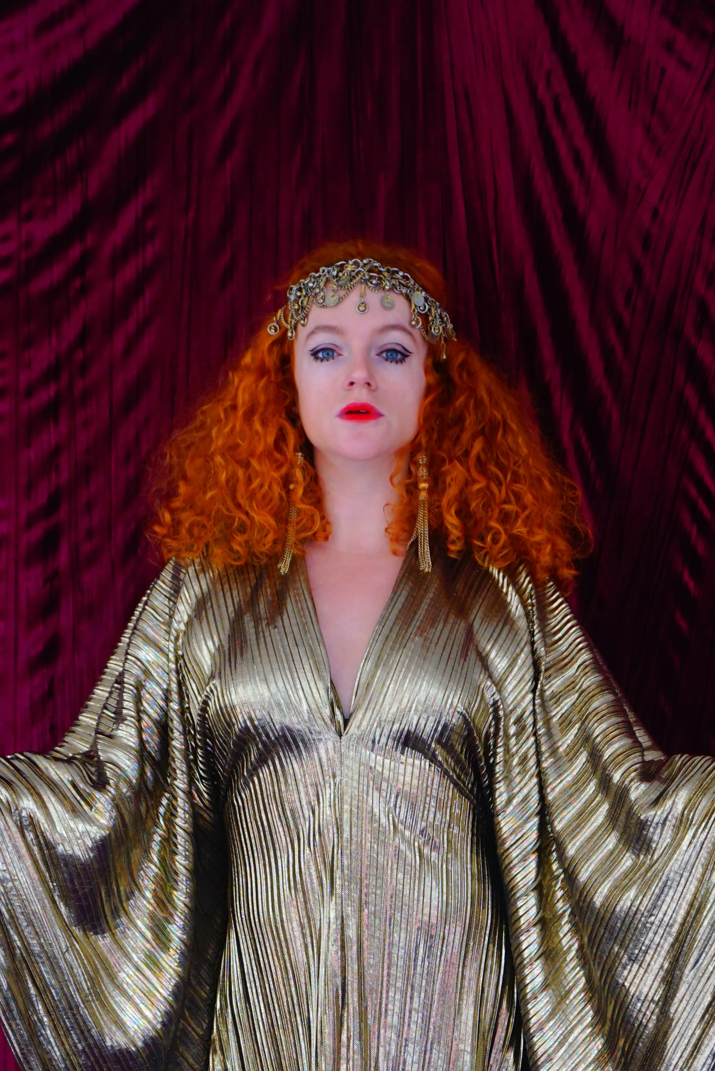 Metallic Gold Plissè V-neck Kaftan Gown