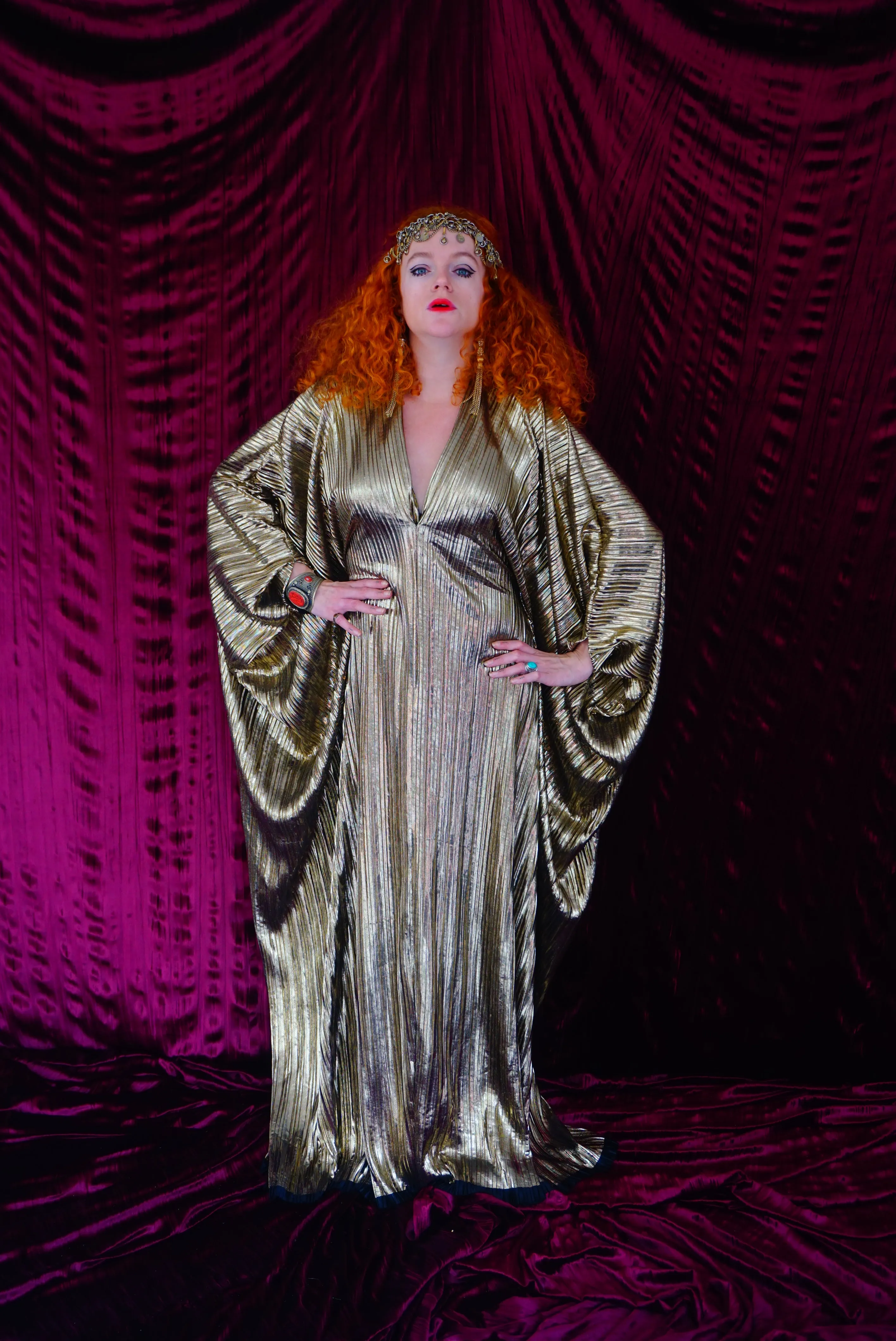 Metallic Gold Plissè V-neck Kaftan Gown