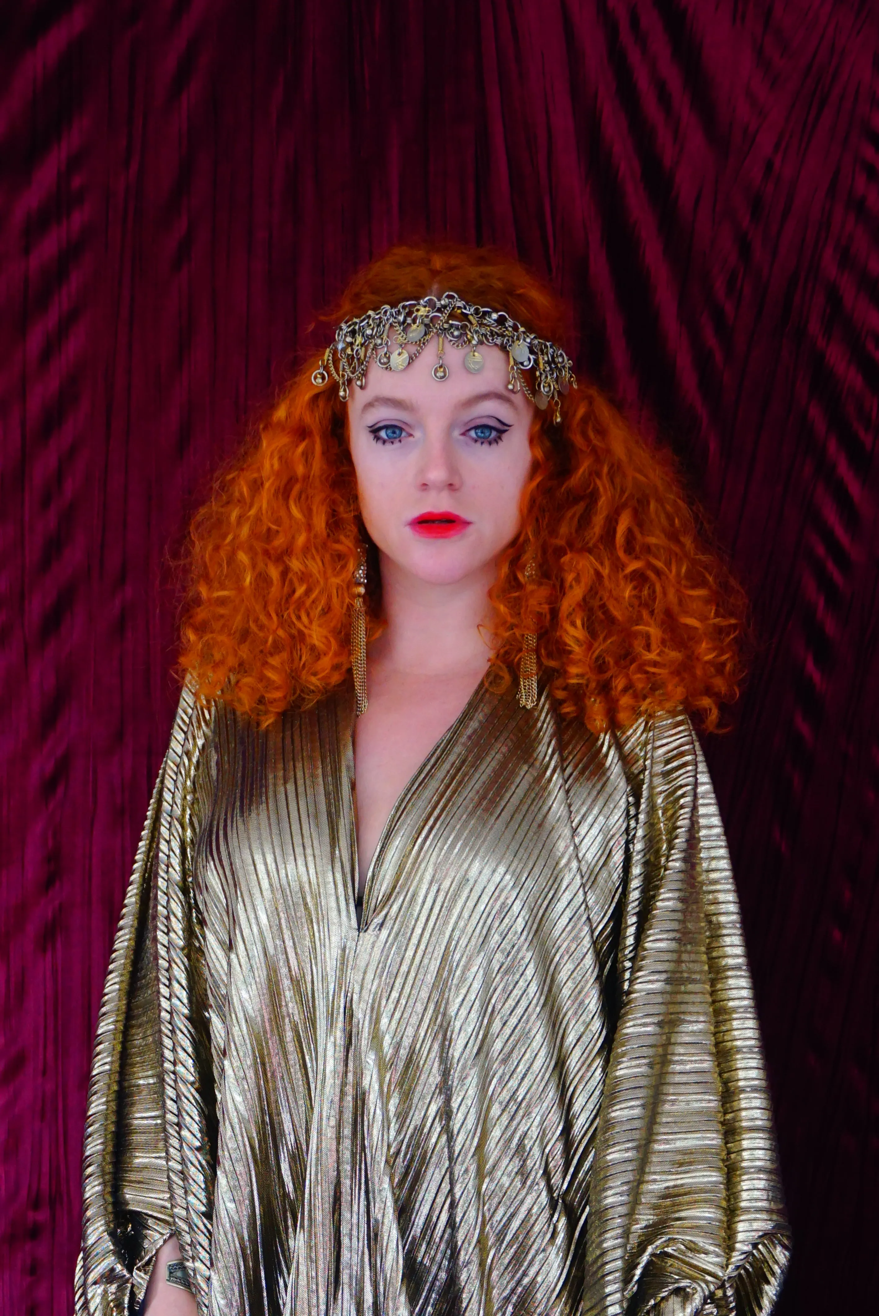 Metallic Gold Plissè V-neck Kaftan Gown