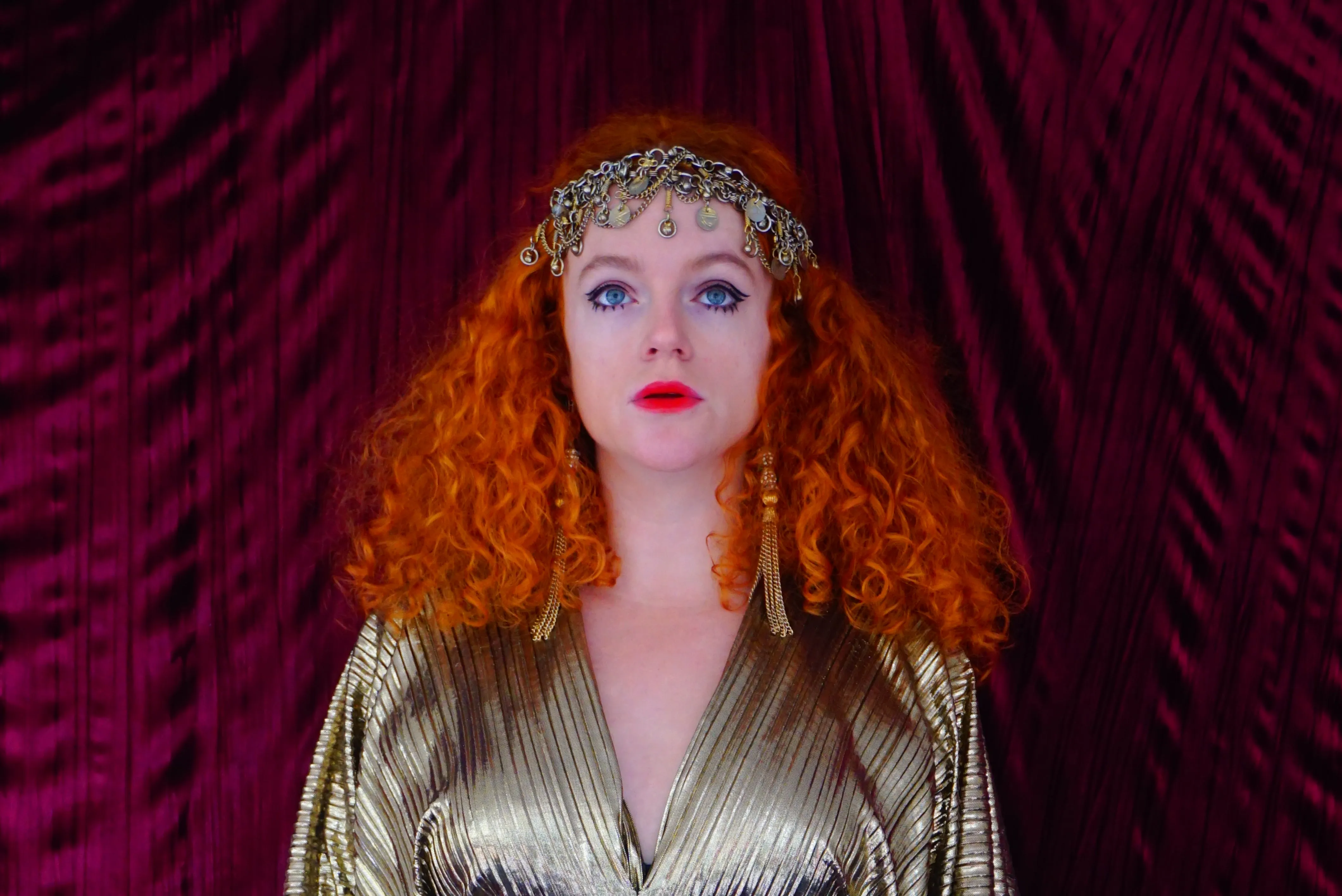 Metallic Gold Plissè V-neck Kaftan Gown