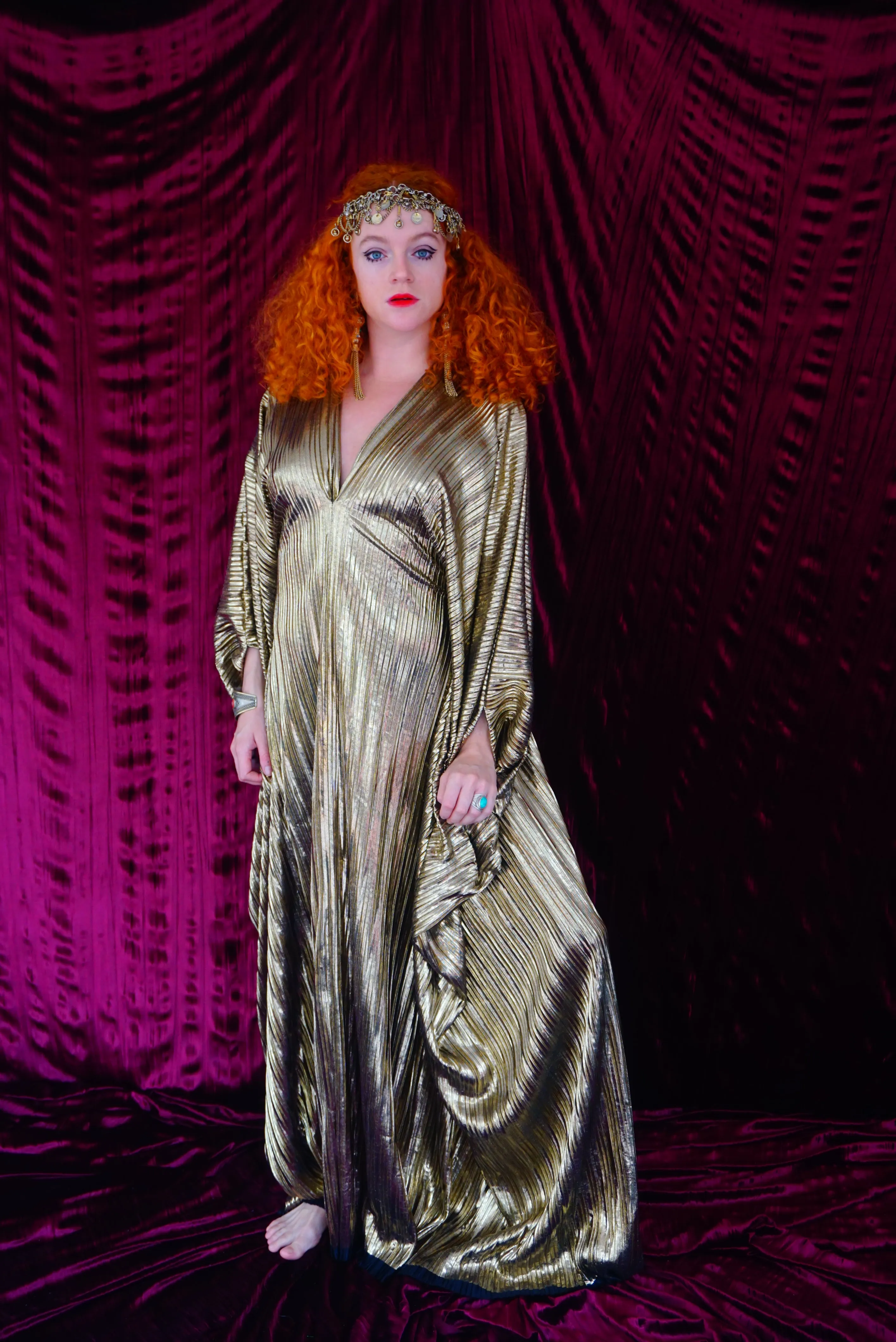 Metallic Gold Plissè V-neck Kaftan Gown