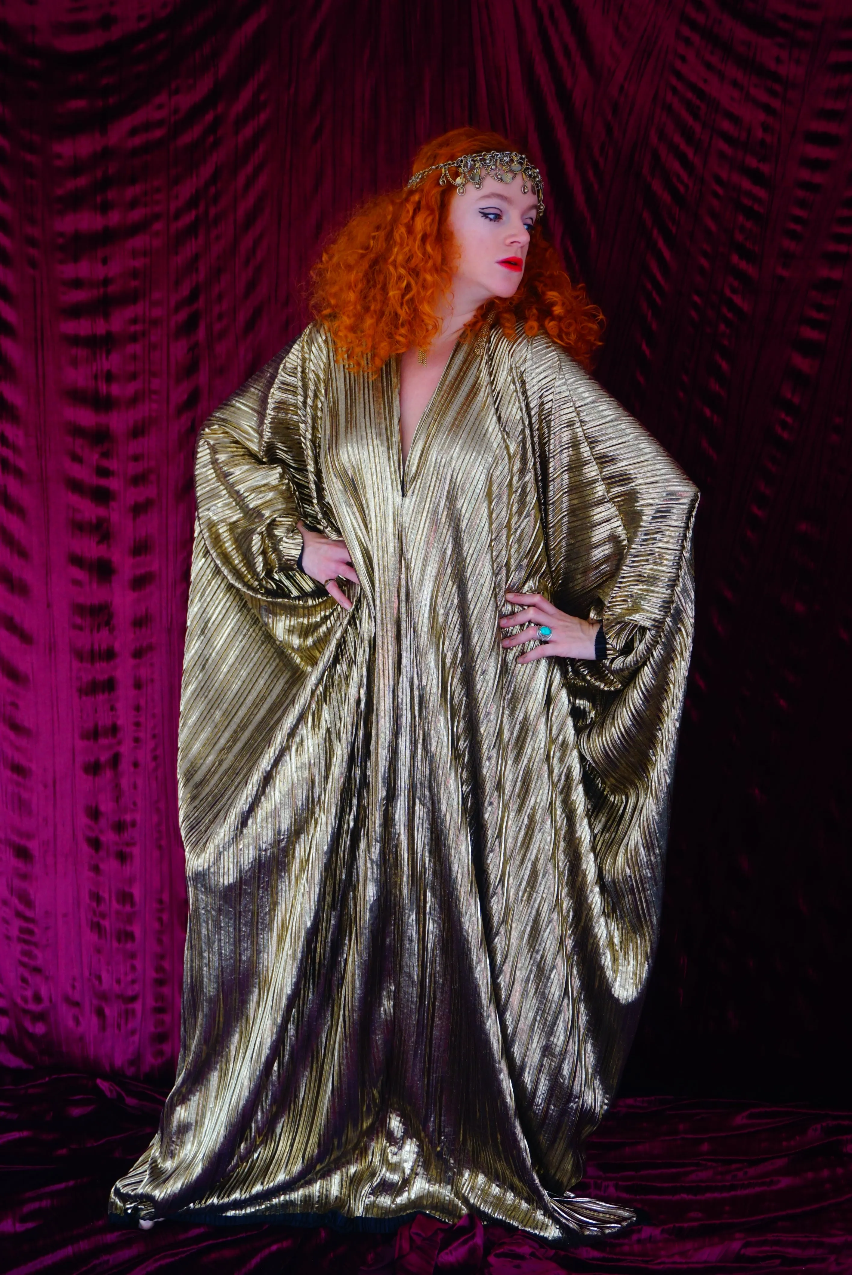 Metallic Gold Plissè V-neck Kaftan Gown