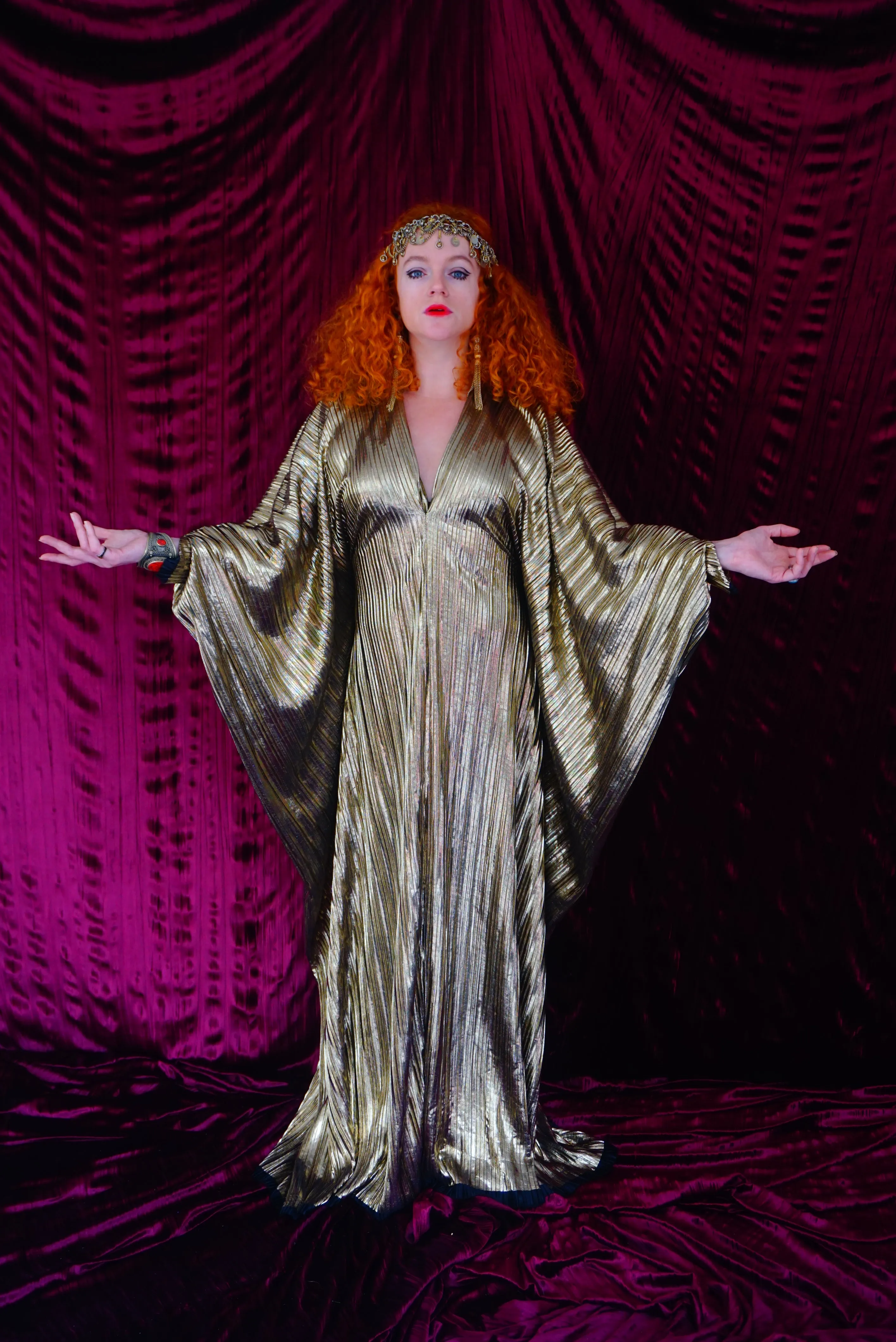 Metallic Gold Plissè V-neck Kaftan Gown