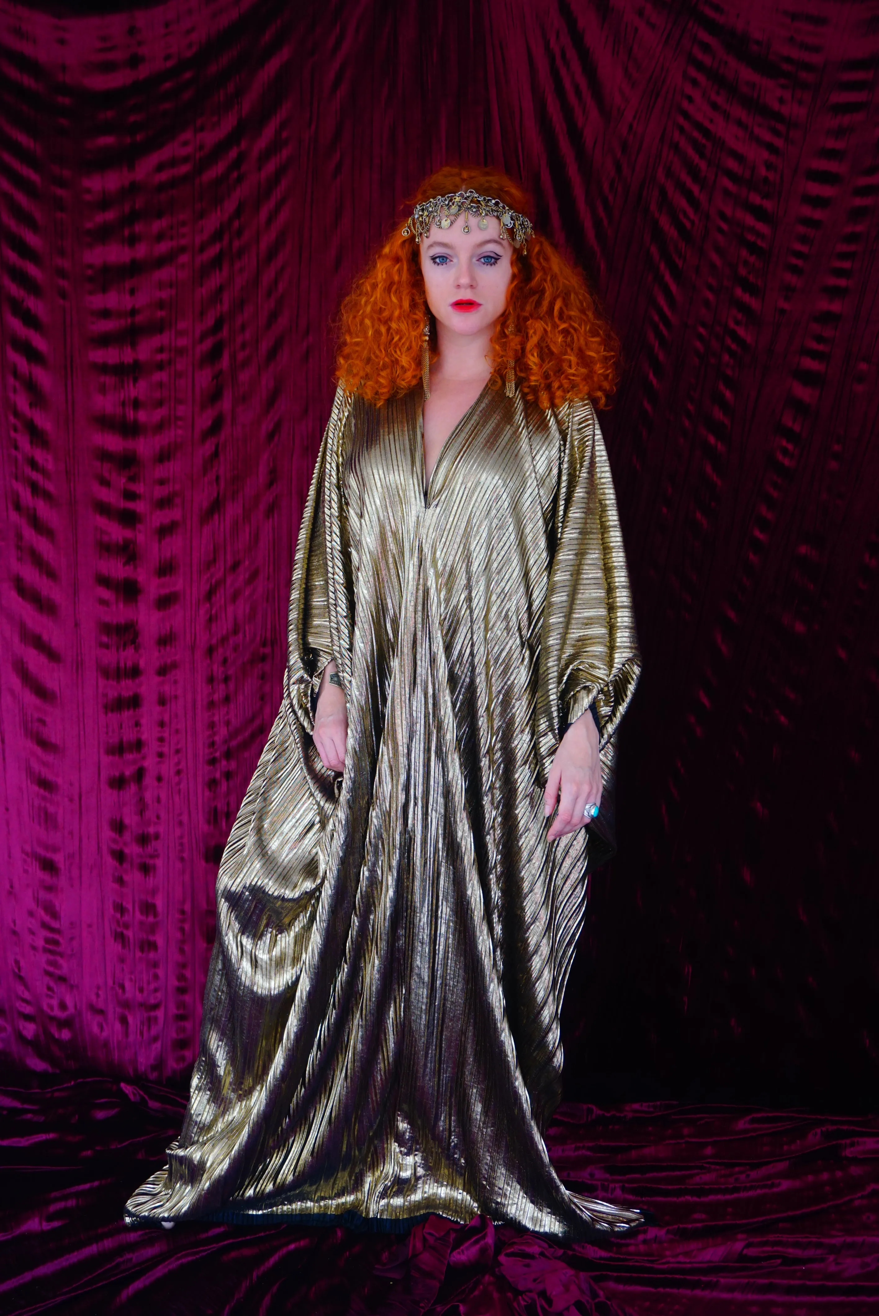 Metallic Gold Plissè V-neck Kaftan Gown