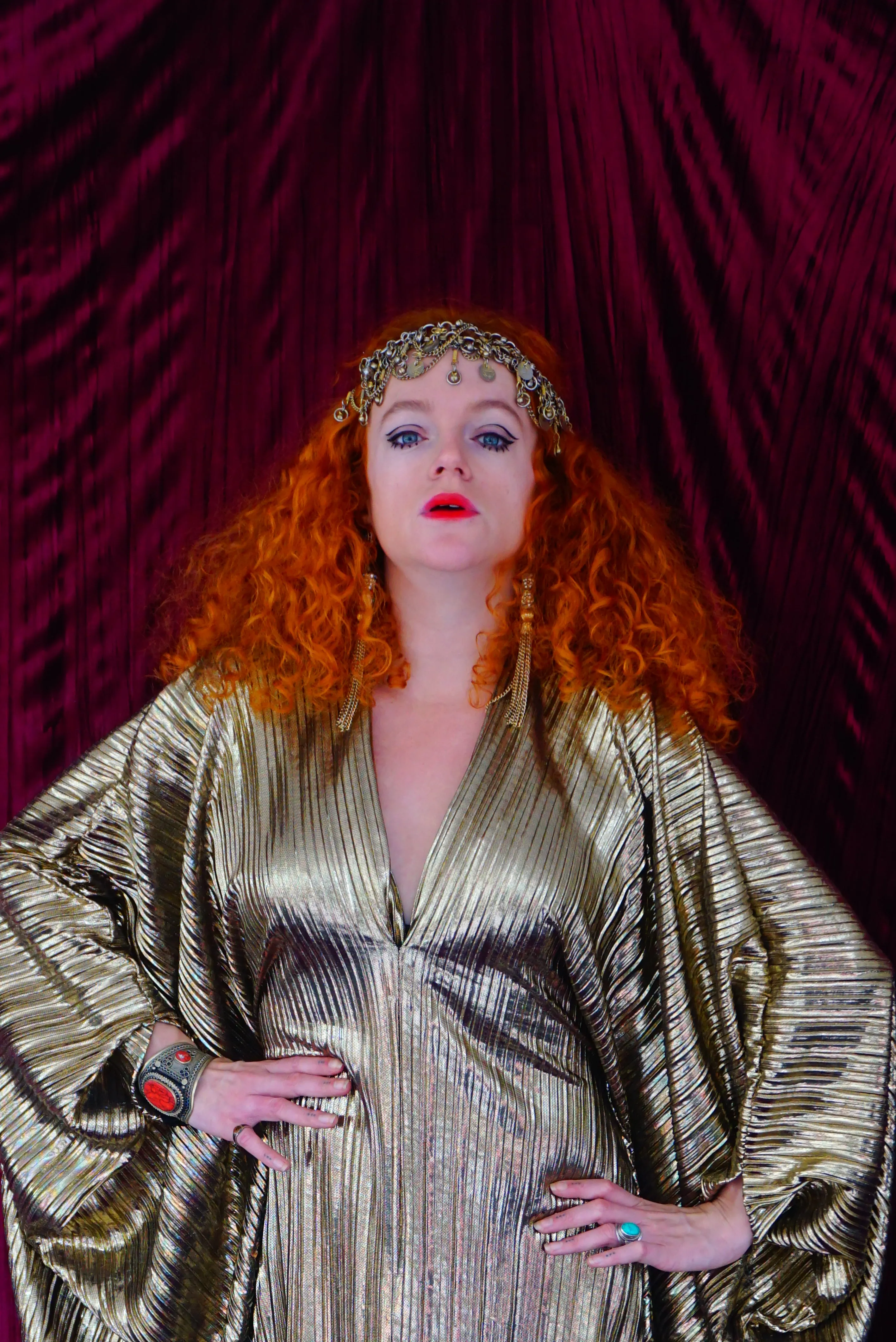 Metallic Gold Plissè V-neck Kaftan Gown