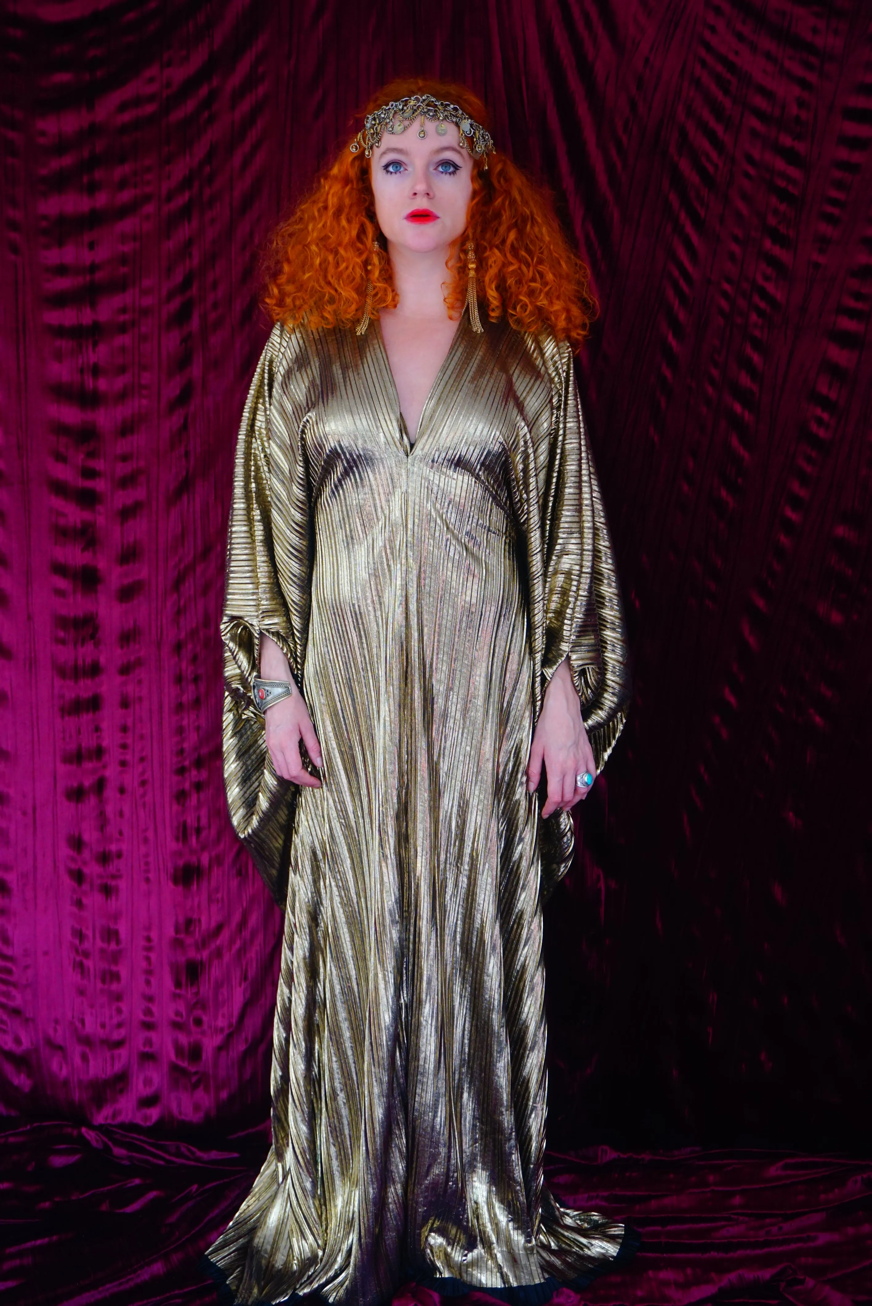 Metallic Gold Plissè V-neck Kaftan Gown